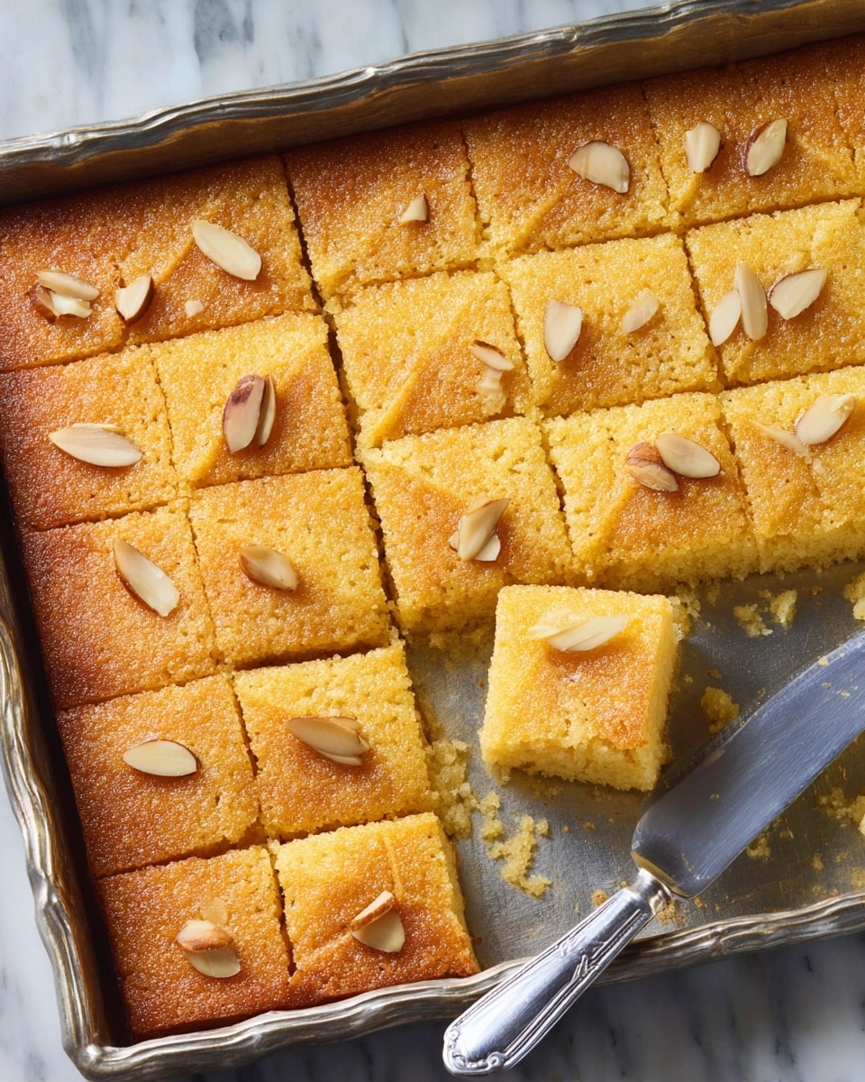 A tray of golden brown semolina cake cut into diamond-shaped pieces, each topped with a single almond sliver; the cake has a grainy texture on top and a soft inside. One piece is removed slightly from the others, showing the thick, moist layer beneath the crust. The tray is silver and sits on a white marbled surface. A knife with a silver blade and black handle is placed next to the tray. photo taken with an iphone --ar 4:5 --v 7