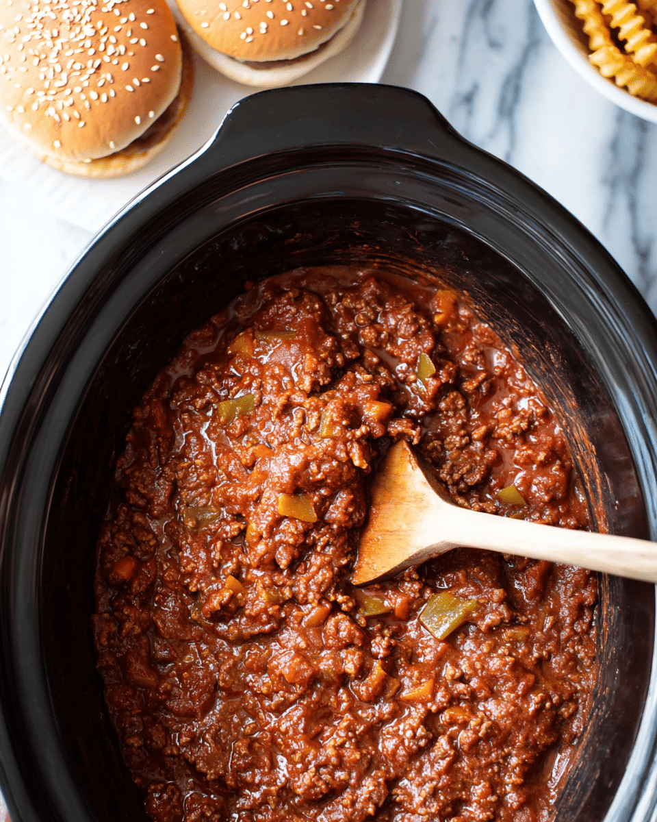A close-up view of a slow cooker filled with a thick, chunky chili that has a rich reddish-brown color mixed with pieces of green and orange vegetables and ground meat; a wooden spoon with a rounded end is partially submerged in the chili, showing texture and moisture. In the top left corner, two sesame seed-topped burger buns rest on a white plate, and in the background to the right, part of a white bowl filled with crinkle-cut yellow fries is visible. The scene is set on a white marbled surface. photo taken with an iphone --ar 4:5 --v 7