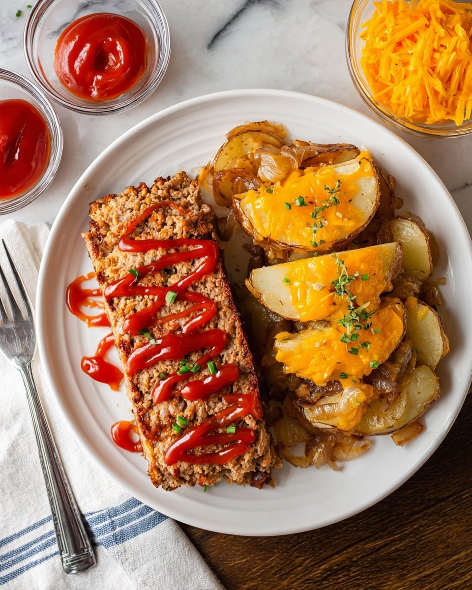 A white plate on a white marbled surface holds two main parts: on the left, a thick slice of brown meatloaf drizzled with red ketchup in a zigzag pattern and sprinkled with small green herb bits; on the right, a mix of cooked potato slices and caramelized onions layered in two visible rows, the potatoes topped with melted yellow-orange cheddar cheese and garnished with a few green herbs. Nearby, small glass bowls hold more shredded cheddar cheese and extra ketchup shaped with a spoon, while a silver fork rests at the bottom left edge of the plate. A white and blue napkin is partially visible at the top left. Photo taken with an iphone --ar 4:5 --v 7