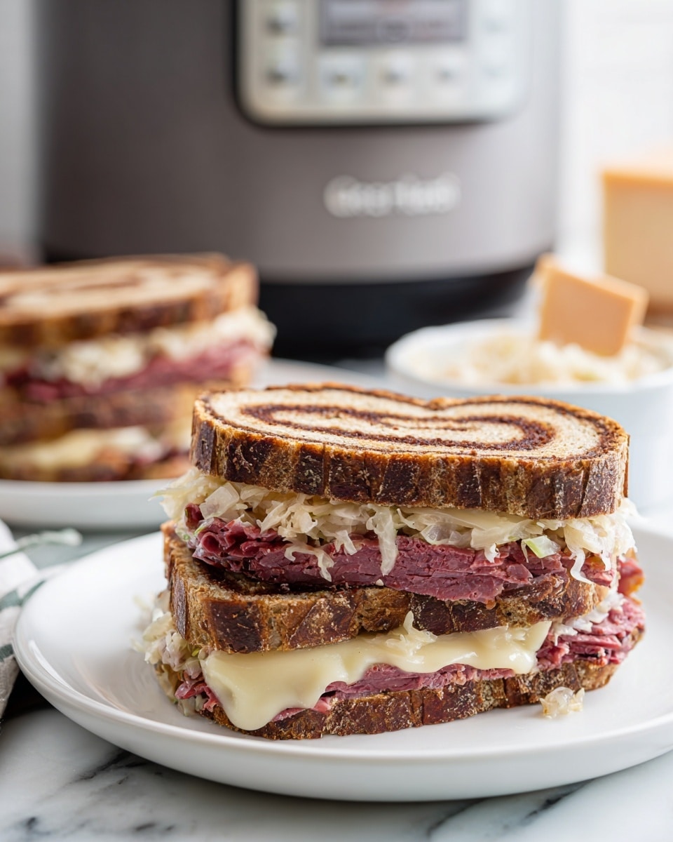 The image shows a sandwich made with two slices of rye swirl bread that have a dark brown and light beige spiral pattern. Inside, the sandwich has three visible layers: melted cheese at the bottom with a creamy texture, thick slices of reddish-pink corned beef in the middle, and a generous layer of sauerkraut mixed with a creamy dressing on top. The sandwich is placed on a white plate set on a white marbled surface, with another sandwich in the background and a gray slow cooker blurred behind. Photo taken with an iphone --ar 4:5 --v 7