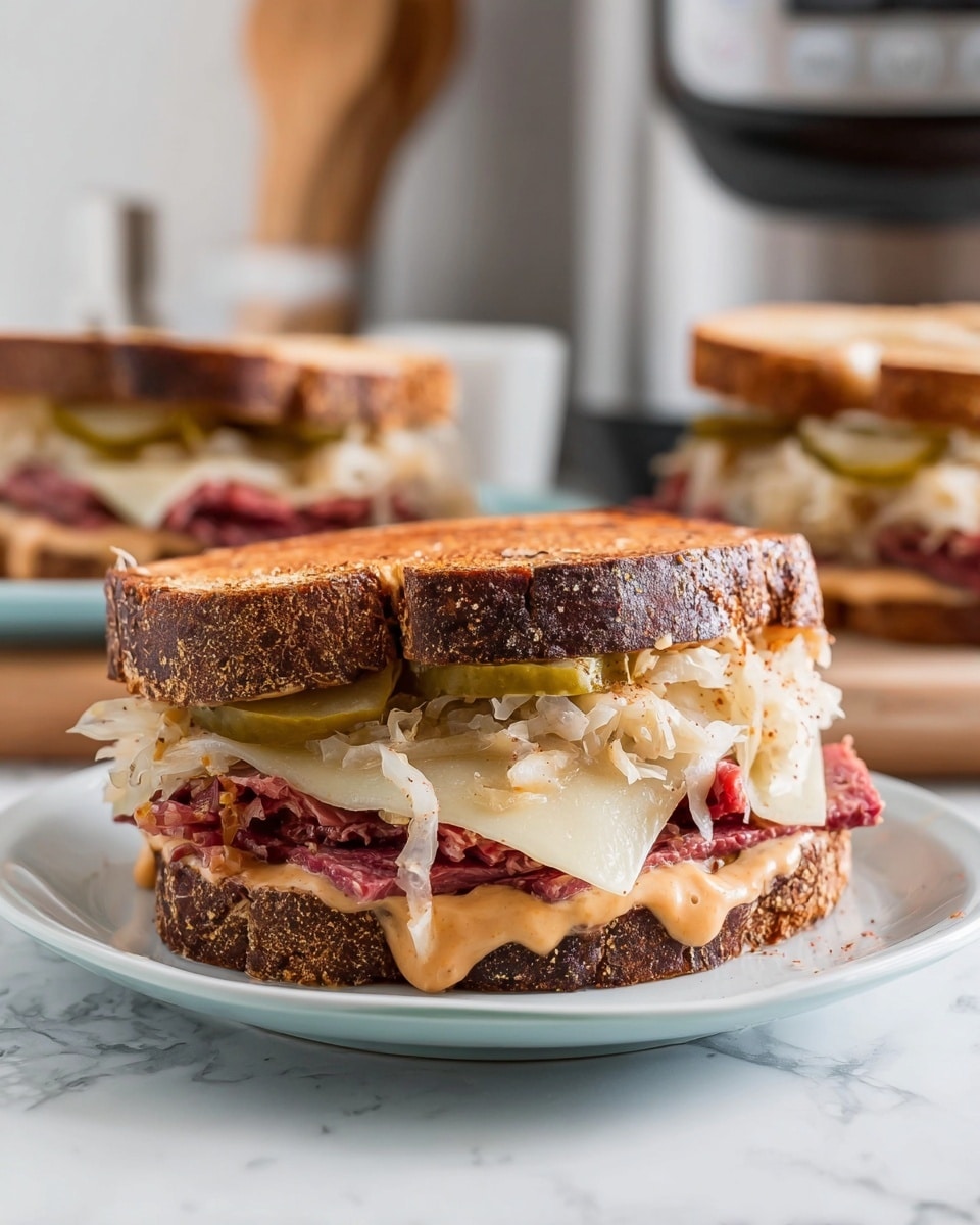 The image shows a sandwich on a white plate with two slices of toasted brown bread as the top and bottom layers. The first layer on the bottom bread is melted Swiss cheese, creamy and slightly oozing out. Above this is a thick layer of sliced smoked meat with a reddish tint and charred edges. On top of the meat, there is a layer of light beige sauerkraut mixed with pickles that add a slight green color. The top bread slice is held together by a spread of creamy orange sauce that is visible around the edges. The scene has a second identical sandwich blurred in the background, all set on a white marbled surface. Photo taken with an iphone --ar 4:5 --v 7