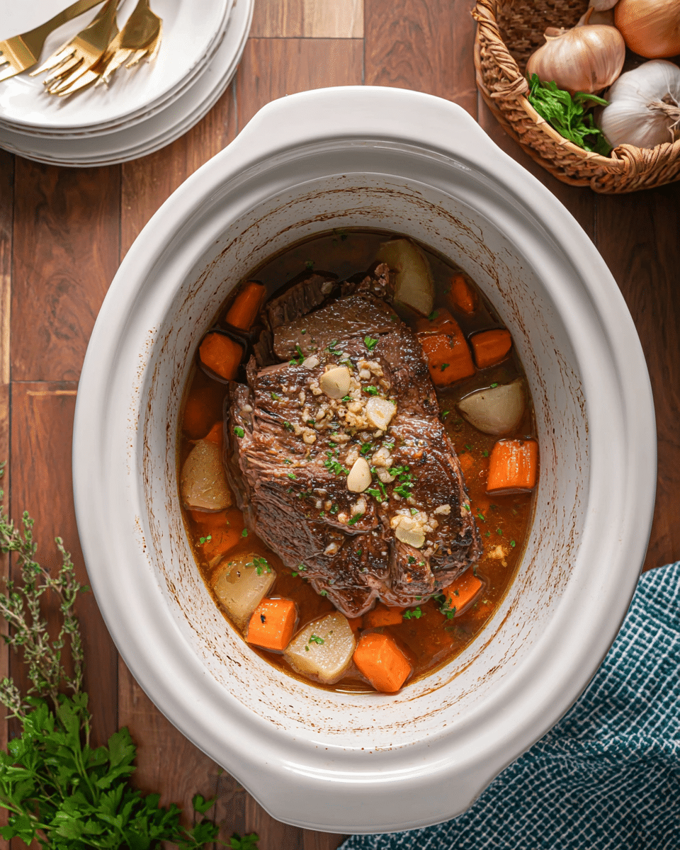 The image shows a white slow cooker with a cooked beef roast in the center, dark brown and textured with garlic pieces on top. Around the roast are chunky orange carrot pieces and soft, translucent light brown onion slices in a thin brown broth. Small green parsley leaves are sprinkled on the meat and vegetables. The slow cooker has light brown cooking marks on the sides. It is placed on a wooden surface with a stack of white plates and two gold forks on the upper right, a basket with onions and garlic on the lower left, and some garlic and herbs on a blue-checkered cloth at the bottom right. Photo taken with an iphone --ar 4:5 --v 7