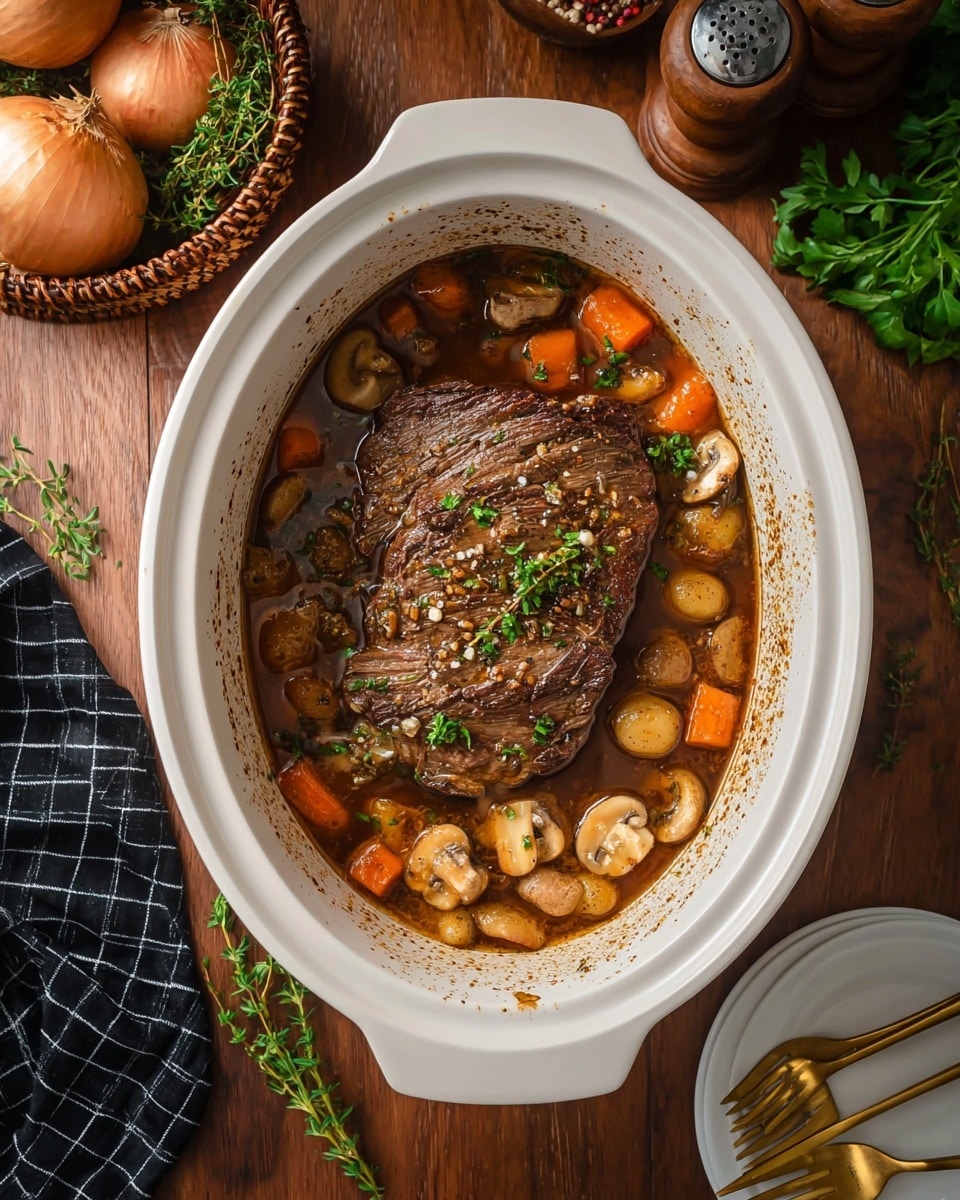 A large piece of browned roast beef sits in the center of a white oval pot, surrounded by a stew made of chunky orange carrot pieces, light brown onion slices, and mushrooms, all in a rich brown broth with some green parsley leaves sprinkled on top. The pot has some splashes of sauce around the edges, showing the cooking process. The background is a wooden surface, with a basket of onions and garlic on the left, a dark checkered cloth, fresh herbs, a salt container, and pepper grinder on the upper right, and a stack of white plates with gold forks on the lower right side. Photo taken with an iphone --ar 4:5 --v 7