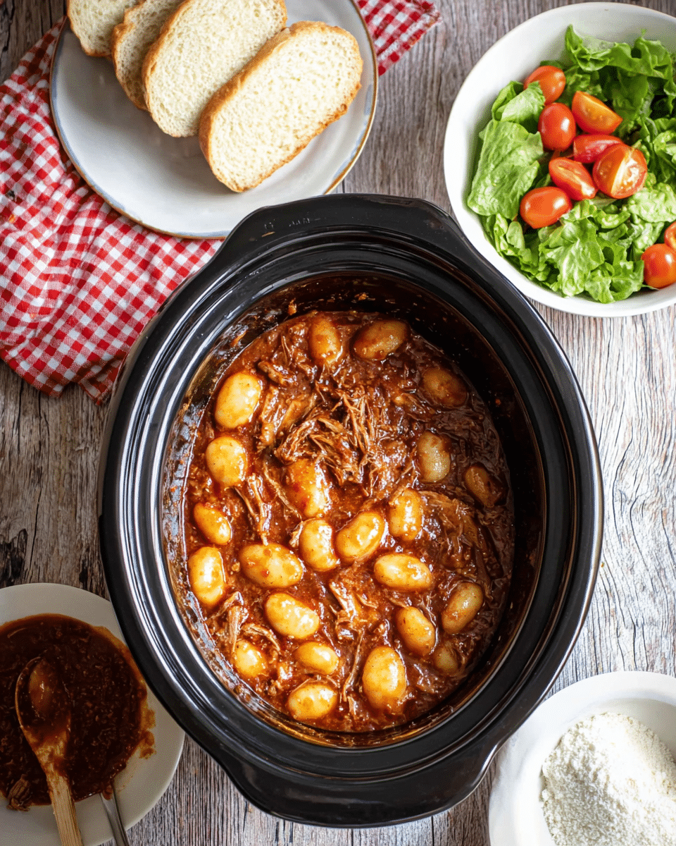 The image shows a black slow cooker filled with a dish of gnocchi in a rich, thick reddish-brown sauce with visible pieces of shredded meat and herbs mixed in, the gnocchi are plump and pale yellow, layered evenly throughout the sauce. To the top right, there is a white bowl filled with fresh green lettuce and red tomato chunks. In the top left corner, two slices of white bread rest on a red and white checkered cloth. At the bottom left, a white plate holds a large wooden spoon coated with the same sauce, and to the bottom right, a white bowl contains a white powdered substance with a silver spoon inside. The whole setting is placed on a wood-textured surface changed to a white marbled texture. photo taken with an iphone --ar 4:5 --v 7
