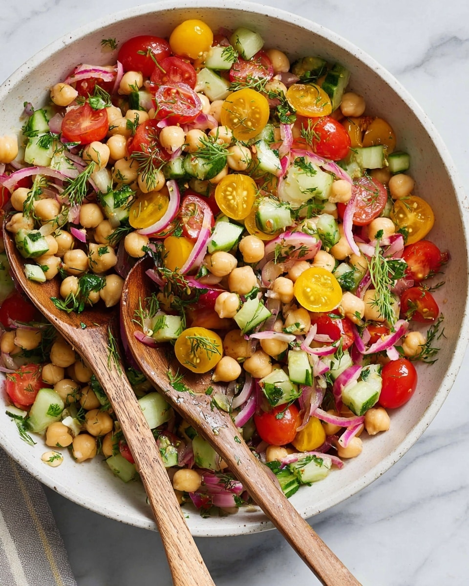 A large white bowl filled with a colorful chickpea salad sits on a white marbled surface. The salad has three main layers of color and texture: creamy beige chickpeas, bright red and yellow halved cherry tomatoes, and small green cucumber cubes. Thin slices of red onion add a vibrant purple color woven throughout. Fresh green herbs like dill and mint are sprinkled on top, giving fluffy and feathery texture. Two rustic wooden spoons rest diagonally across the bowl, partly covering the salad. photo taken with an iphone --ar 4:5 --v 7
