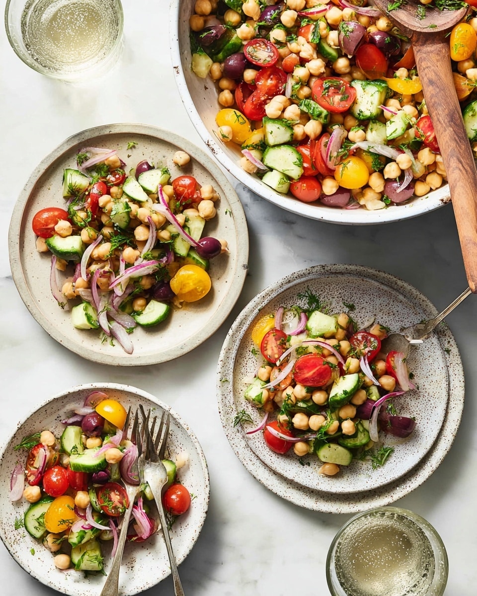 The image shows a fresh chickpea salad served in a large white bowl and three white speckled plates on a white marbled surface. The salad has layers of beige chickpeas, chopped green cucumbers, halved red and yellow cherry tomatoes, sliced purple olives, thin strips of pickled red onions, and fresh green herbs sprinkled on top. Two of the plates each have a fork resting on them, with a mix of colorful vegetables and chickpeas piled in a loose, inviting way. The large bowl has a wooden spoon dipped into the salad, partially covered with the same ingredients. Next to the plates are clear glasses of sparkling water, adding to the fresh and healthy presentation. photo taken with an iphone --ar 4:5 --v 7