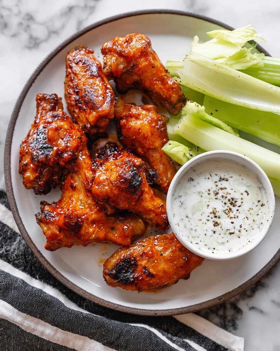 Several pieces of glazed chicken wings in a close-up view lie on a white plate, showing a shiny reddish-brown color with a slightly crispy texture and black pepper specks. The chicken wings vary in shape, some showing bones and others showing meaty sections, arranged loosely together. On the upper right side, a few pale green celery sticks with a light dusting of black pepper are visible. To the far right, a white bowl holds creamy white dipping sauce with black pepper sprinkled on top. The background is a white marbled texture. photo taken with an iphone --ar 4:5 --v 7