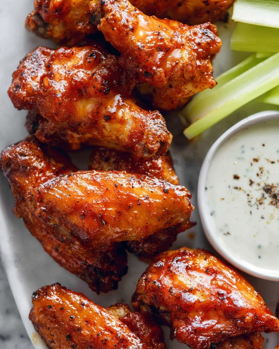 A close-up view of several chicken wings stacked together, each coated in a shiny, thick, bright orange sauce. The crispy texture of the wings is visible under the sauce. In the background, there are a few pieces of fresh green celery and a small white bowl containing a creamy white dip. The scene is set on a surface with a white marbled texture. photo taken with an iphone --ar 4:5 --v 7