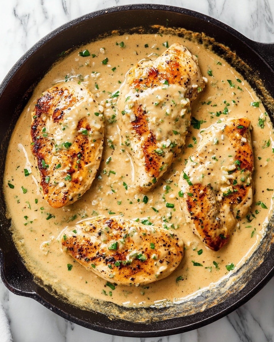 The image shows a black cast iron skillet with four cooked chicken breasts covered in a thick, creamy beige sauce with visible small bits of garlic and chopped green herbs sprinkled on top. The chicken breasts are golden brown with some dark grill marks and spots of black pepper, sitting evenly spaced in the skillet, partially submerged in the smooth, slightly glossy sauce. The skillet is placed on a white marbled surface, and the sauce lightly coats the skillet edges. photo taken with an iphone --ar 4:5 --v 7