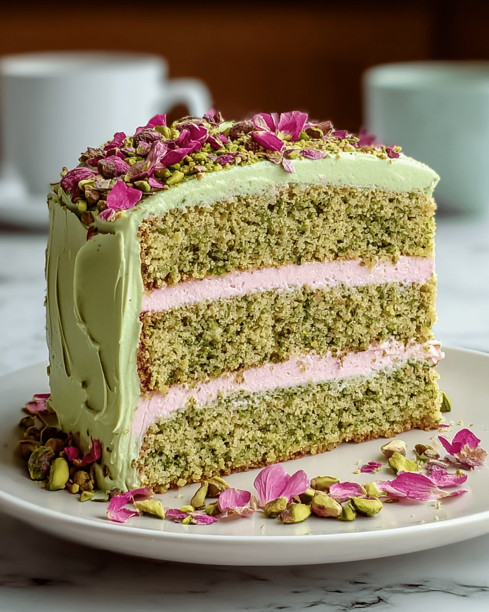 A three-layer green cake with a coarse texture sits on a white plate, showing two thick layers of light pink cream filling between the green cake layers. The whole cake is covered in a smooth pale green frosting, and the top is decorated with scattered chopped green pistachios and bright pink flower petals. Some pistachios are also scattered around the base of the cake on the plate. The photo is taken on a white marbled surface with a soft blurred background. photo taken with an iphone --ar 4:5 --v 7