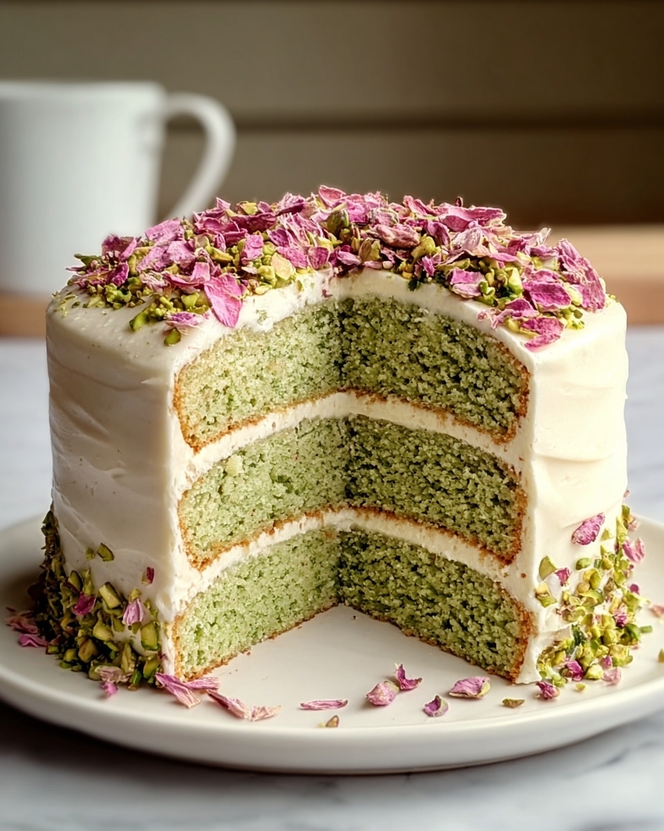 A three-layer cake with light green sponge separated by white creamy frosting, all covered smoothly with the same white frosting on the outside. The cake is topped with a generous amount of scattered pink flower petals and green pistachio nut pieces, adding color and texture on the top layer. The cake sits on a white plate with a soft, white marbled surface in the background. Photo taken with an iphone --ar 4:5 --v 7