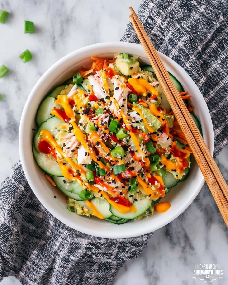 A white bowl filled with a layered salad featuring thin green cucumber slices as the main base, mixed with small chunks of light green avocado and orange shredded carrots. On top, there are pieces of white and red crab sticks scattered throughout. The salad is drizzled with bright orange and dark reddish-brown sauces. Sprinkled black and white sesame seeds and chopped green onions are spread over the top, adding texture and color. A pair of wooden chopsticks rests across the bowl's edge, all placed on a white marbled surface with a gray checkered cloth nearby. Photo taken with an iphone --ar 4:5 --v 7