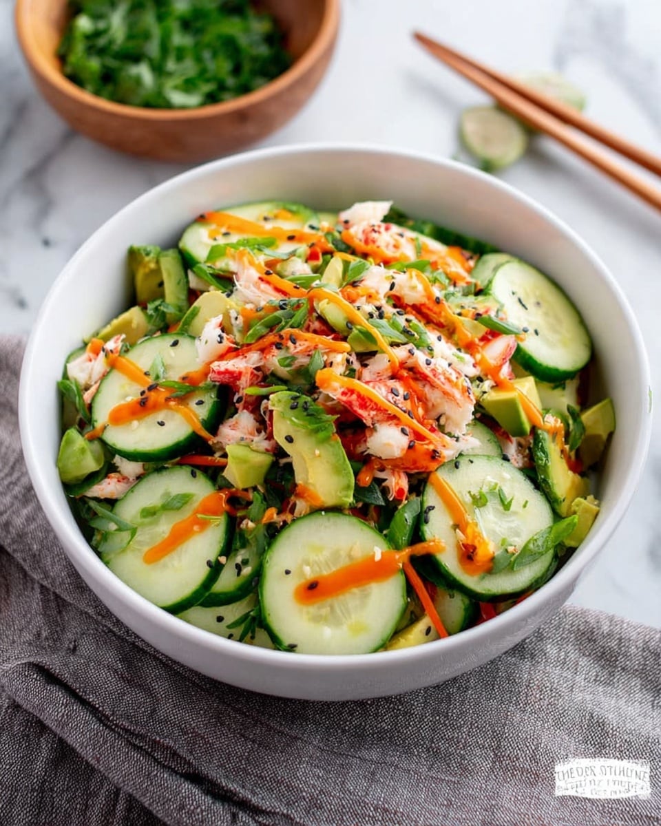 A white bowl filled with a fresh salad shows a base layer of sliced cucumber rounds, light green and moist. On top, there are small chunks of red and white imitation crab meat mixed with bright green avocado cubes and thin orange carrot strips. Green chopped scallions are scattered over the salad, along with a sprinkle of black and white sesame seeds. Thin lines of orange spicy sauce are drizzled over the top. The bowl sits on a white marbled surface with wooden chopsticks and a wooden bowl of green herbs nearby. Photo taken with an iphone --ar 4:5 --v 7