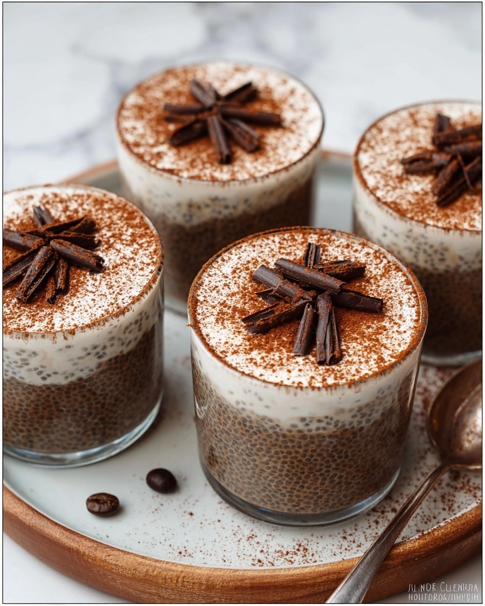 Four small clear glass cups hold a layered dessert, each cup showing two layers: a bottom layer of dark brown chia pudding with visible chia seeds, and a top layer of light creamy white topped with a dusting of cocoa powder. On top of each cup are thin dark chocolate curls arranged in a small pile. The cups sit closely together on a round white plate with a wooden texture, placed on a white marbled surface. Some scattered chia seeds and coffee beans are visible around the plate, adding detail. photo taken with an iphone --ar 4:5 --v 7