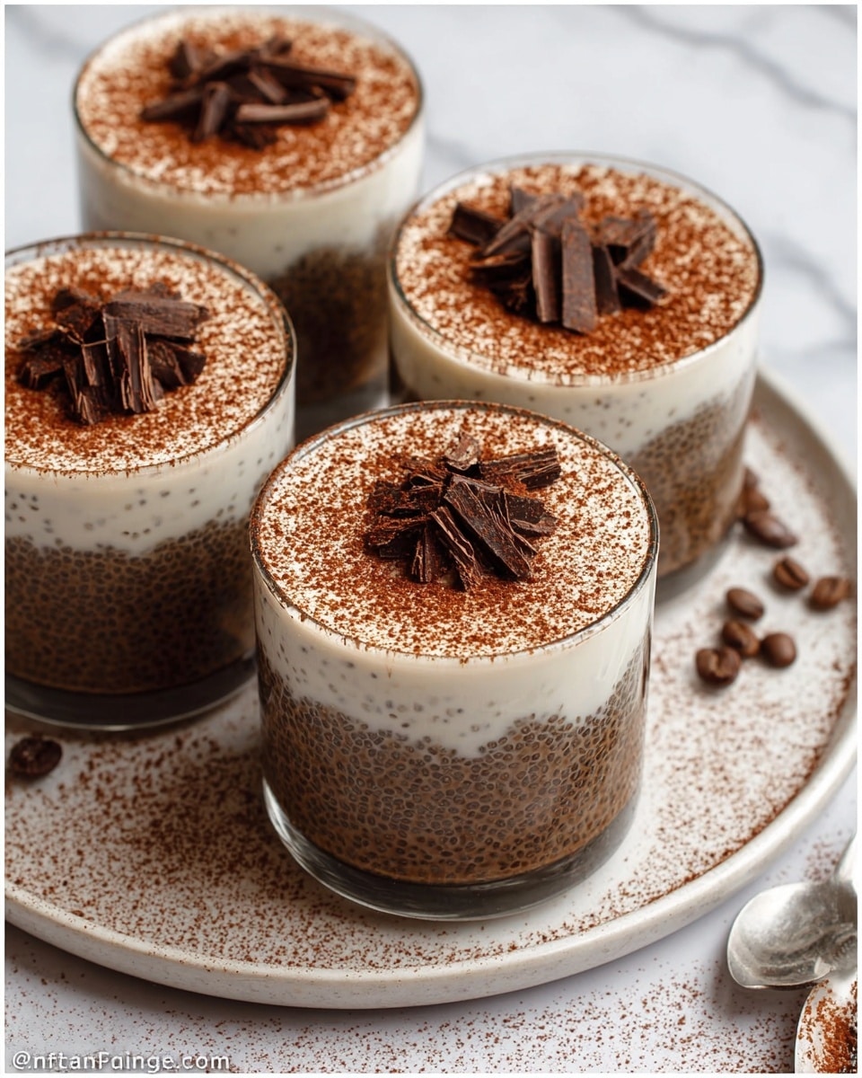 Four clear glass cups sit on a round white plate with a slightly textured surface. Each cup has two main layers: a dark brown chia pudding at the bottom with visible seeds throughout, and a thick white creamy layer on top. The creamy layer is sprinkled evenly with cocoa powder, giving a speckled brown look. On top of each cup, there are small pieces of dark chocolate curls arranged in the center, adding texture and contrast. The background is a white marbled texture with a few scattered chia seeds and coffee beans near the plate. photo taken with an iphone --ar 4:5 --v 7