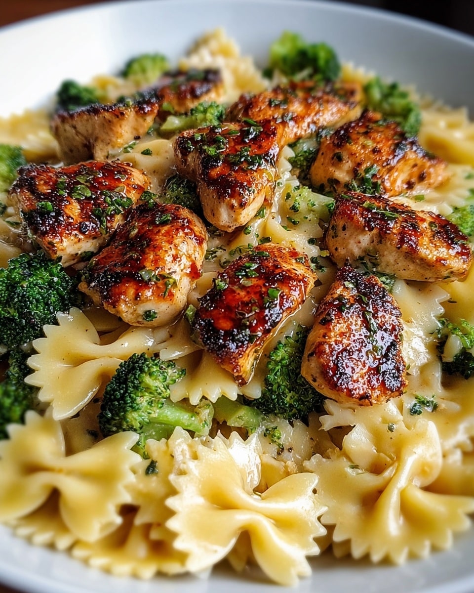 The dish is served on a white plate filled with three layers: the bottom layer is light yellow bowtie pasta with a smooth, slightly glossy texture, spread evenly across the plate; the middle layer consists of bright green broccoli florets scattered throughout the pasta, adding a fresh and textured look; the top layer features several grilled chicken pieces, golden brown with visible char marks and herbs sprinkled on top, arranged neatly over the pasta and broccoli. The dish has a light sauce coating that makes everything look shiny and appetizing. photo taken with an iphone --ar 4:5 --v 7
