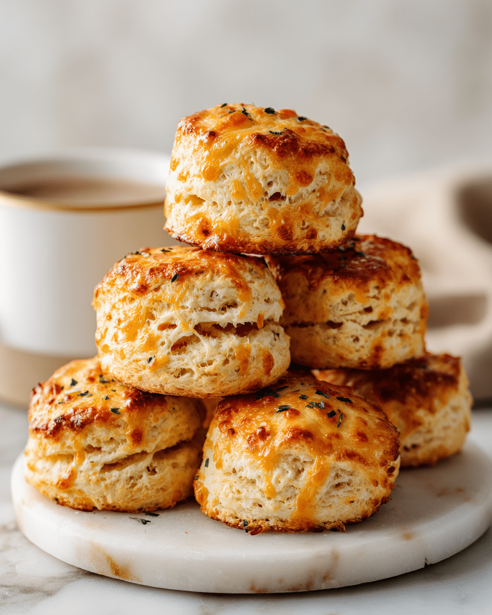 A white plate holds five golden-brown biscuits with a rough texture, showing a slightly crispy top and soft crumb inside. Each biscuit has a toasted, browned layer on top with small green herb pieces scattered over them. The biscuits are stacked close together on a white marbled surface, with a silver fork and a gray cloth napkin visible on the side. photo taken with an iphone --ar 4:5 --v 7