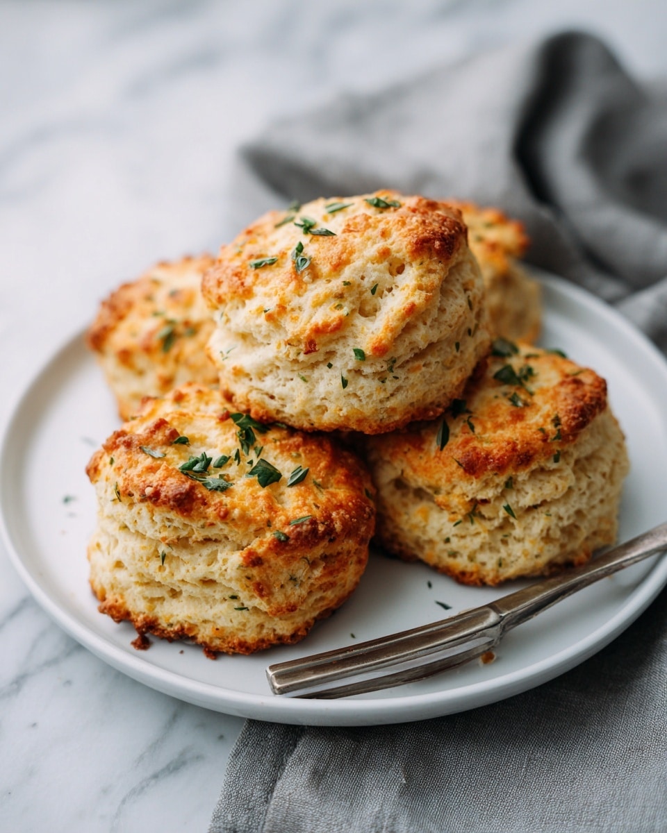 The image shows a stack of six cheese biscuits on a round white plate placed on a white marbled surface. Each biscuit has a golden-brown crispy top with melted cheese and small green herb specks scattered on them. The biscuits have a soft, airy, and slightly crumbly texture with small holes visible inside. They are arranged in a pyramid shape, with three biscuits at the base, two in the middle, and one resting on top. In the background, there is a blurry white coffee cup with a handle, adding to the cozy setting. photo taken with an iphone --ar 4:5 --v 7