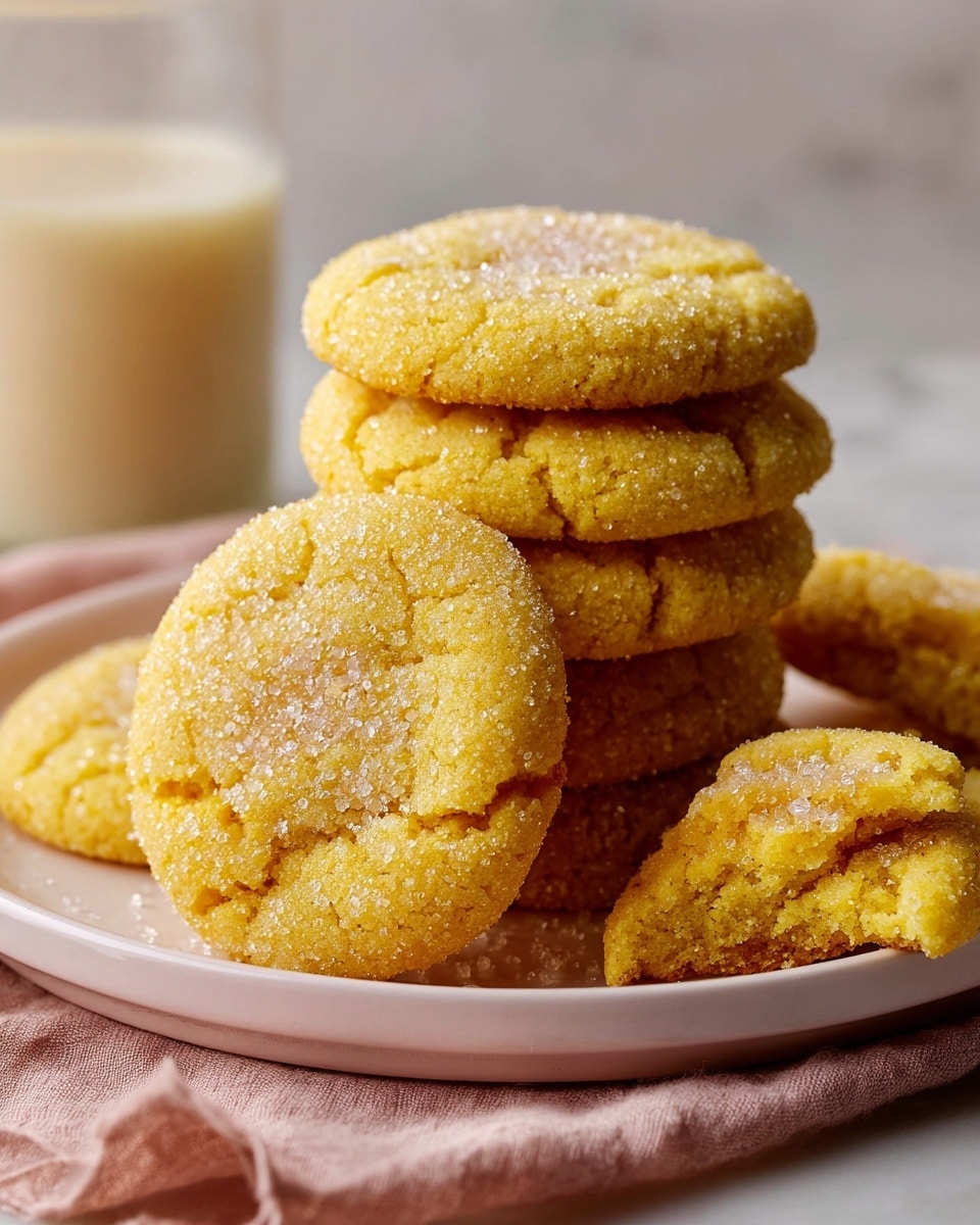 A stack of roughly eight round, golden-yellow cookies is displayed on a white plate, with the cookies having a textured, slightly cracked surface coated in sparkling sugar crystals. The cookies are thick, soft-looking, and slightly crumbly, with one cookie leaning forward showing minute sugar granules clearly. The plate rests on a pale pink cloth on top of a white marbled surface. In the blurred background, a glass container with a creamy white beverage can be seen. Photo taken with an iphone --ar 4:5 --v 7