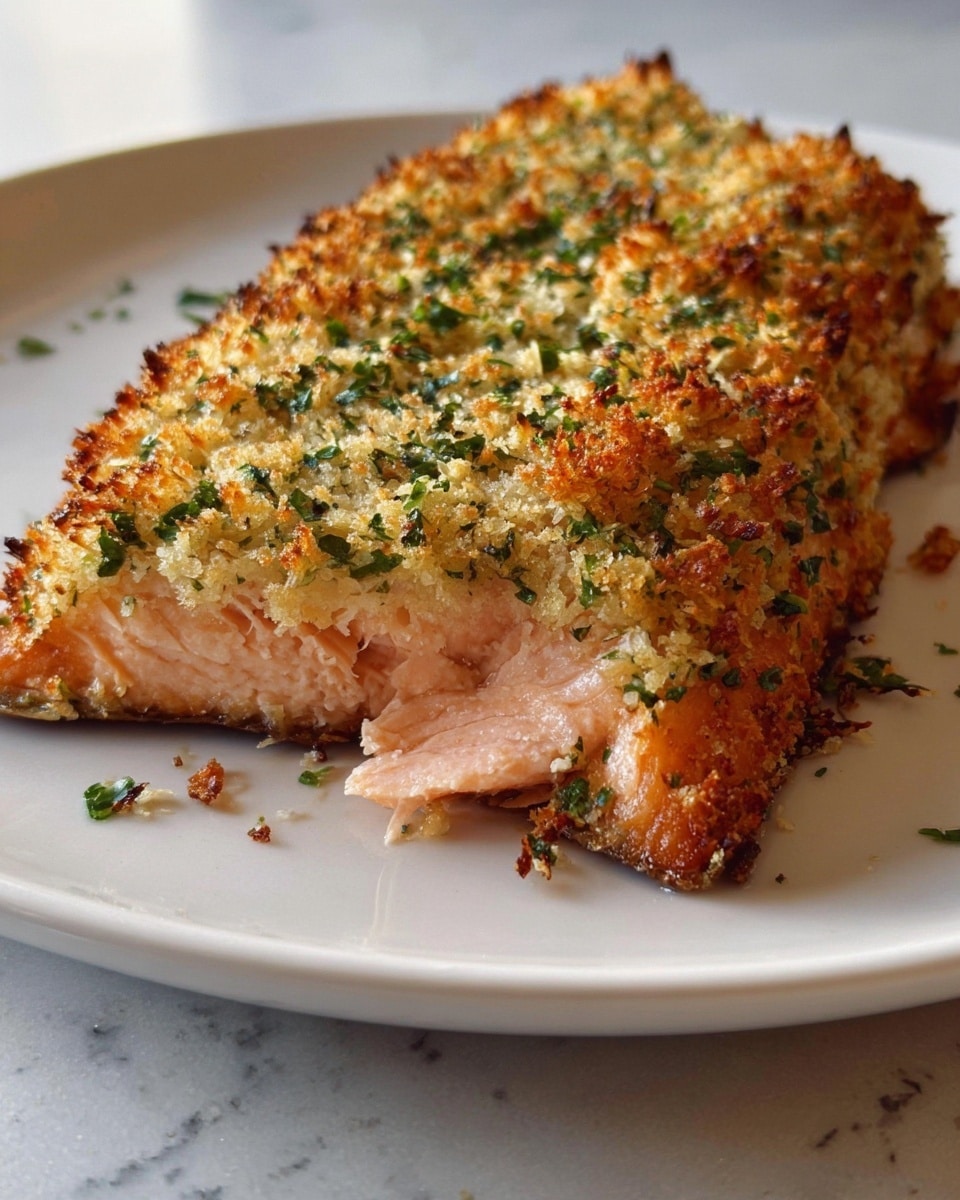 A piece of salmon fillet on a white plate sits on a white marbled surface. The salmon is covered with a thick, crispy golden-brown breadcrumb crust that has green herb bits sprinkled throughout. The fish beneath is light pink and flaky, visible where a slice has been cut out, showing the tender texture inside. The crust has a crunchy look with toasted edges. photo taken with an iphone --ar 4:5 --v 7