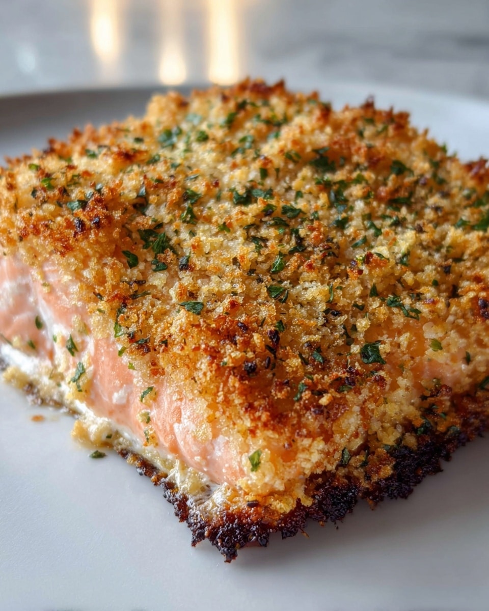 A thick piece of salmon fillet sits on a white plate with a white marbled texture underneath. The dish has two main layers: the bottom layer is the light pink, flaky cooked salmon with visible soft meat texture, while the top layer is a thick, crispy golden-brown crust made of baked breadcrumbs mixed with small green herb flakes scattered evenly across it. The edges of the crust are darker, showing slight charring and extra crunch. The lighting highlights the contrast between the soft fish and crunchy topping, giving it a fresh, homemade feel. photo taken with an iphone --ar 4:5 --v 7