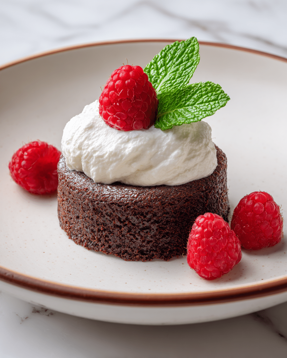A single round chocolate cake with a dark brown, slightly cracked texture forms the base layer, sitting on a white plate with a thin brown rim. On top of the cake is a dollop of white creamy whipped topping that looks soft and slightly uneven. It is adorned with one bright red raspberry and a green leaf with a textured surface resting on the whipped cream. Around the cake on the plate are three more red raspberries, adding a pop of color to the scene. The background features a soft white marbled texture. photo taken with an iphone --ar 4:5 --v 7