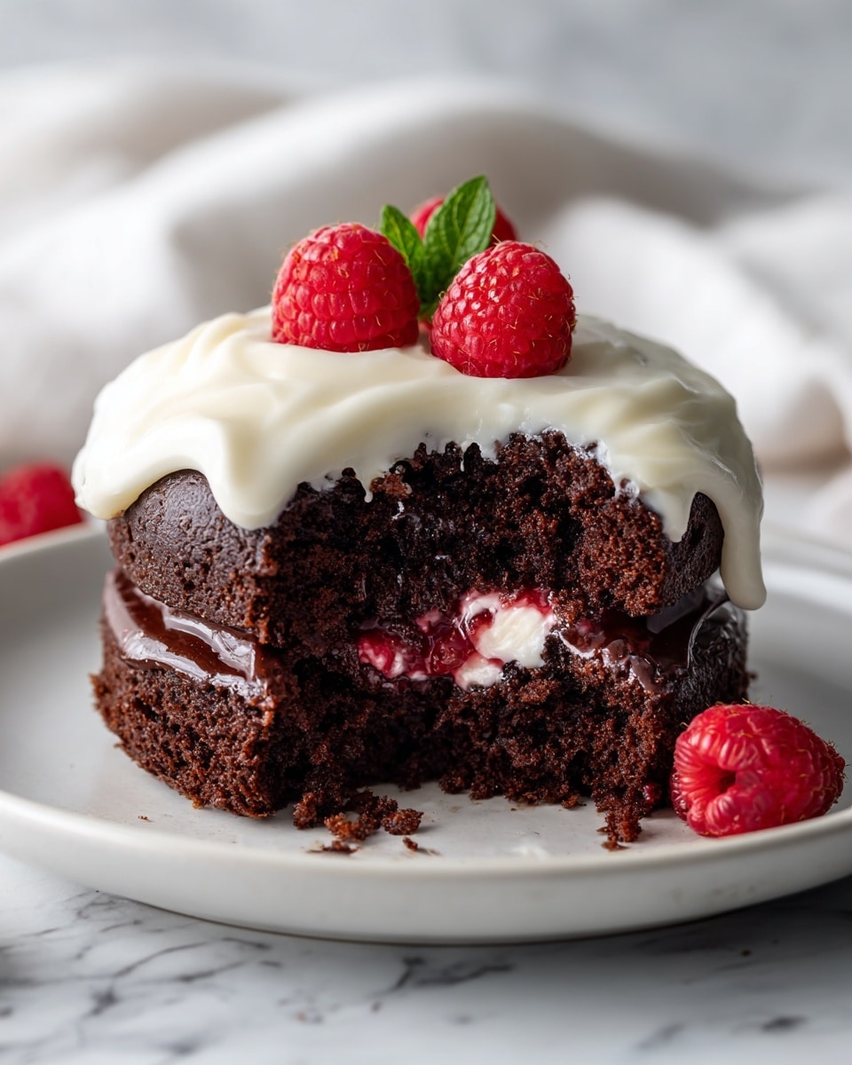 A single dark brown chocolate cake sits in the center of a white plate, showing a moist texture with a visible layer of red raspberry filling inside. The top of the cake is covered with a thick layer of white creamy frosting that drips slightly down the sides. On top of the frosting, three bright red raspberries and a small green leaf are placed as decoration. To the right side of the cake, a small piece of the cake is broken off and lies on the plate, revealing the rich chocolate inside. The plate rests on a surface with a white marbled texture, and a soft white cloth is blurred in the background. photo taken with an iphone --ar 4:5 --v 7