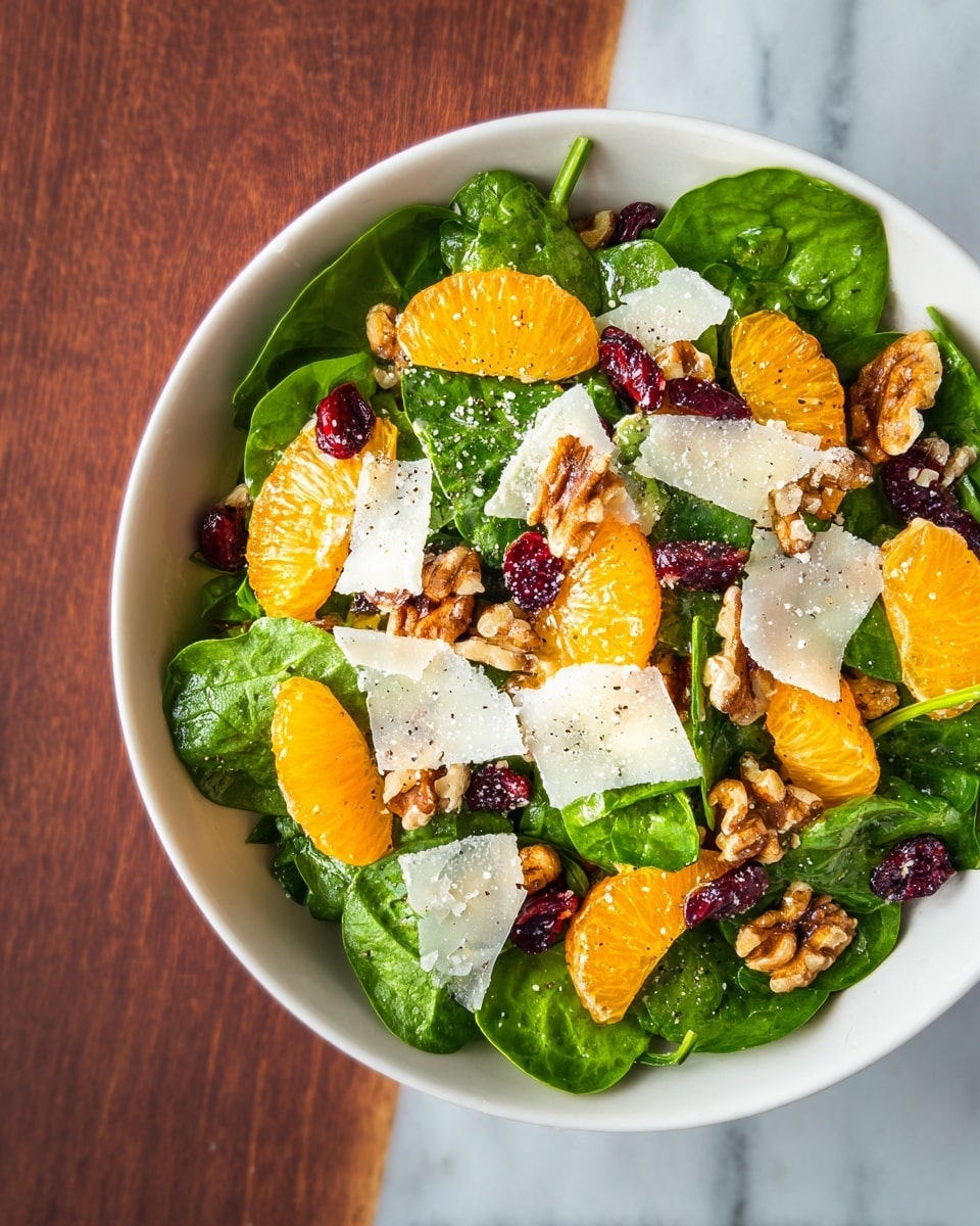 A white bowl is filled with a fresh salad featuring three main layers: the bottom layer has bright green spinach leaves with a shiny, fresh texture; on top are scattered bright orange mandarin slices that look juicy; the third layer includes rough walnut pieces and small dark red dried cranberries spread across. Large, thin white cheese shavings are layered on top of the salad, adding contrast to the colors. The whole dish is sprinkled with small crystals of coarse salt and black pepper. The bowl sits on a white marbled surface. photo taken with an iphone --ar 4:5 --v 7