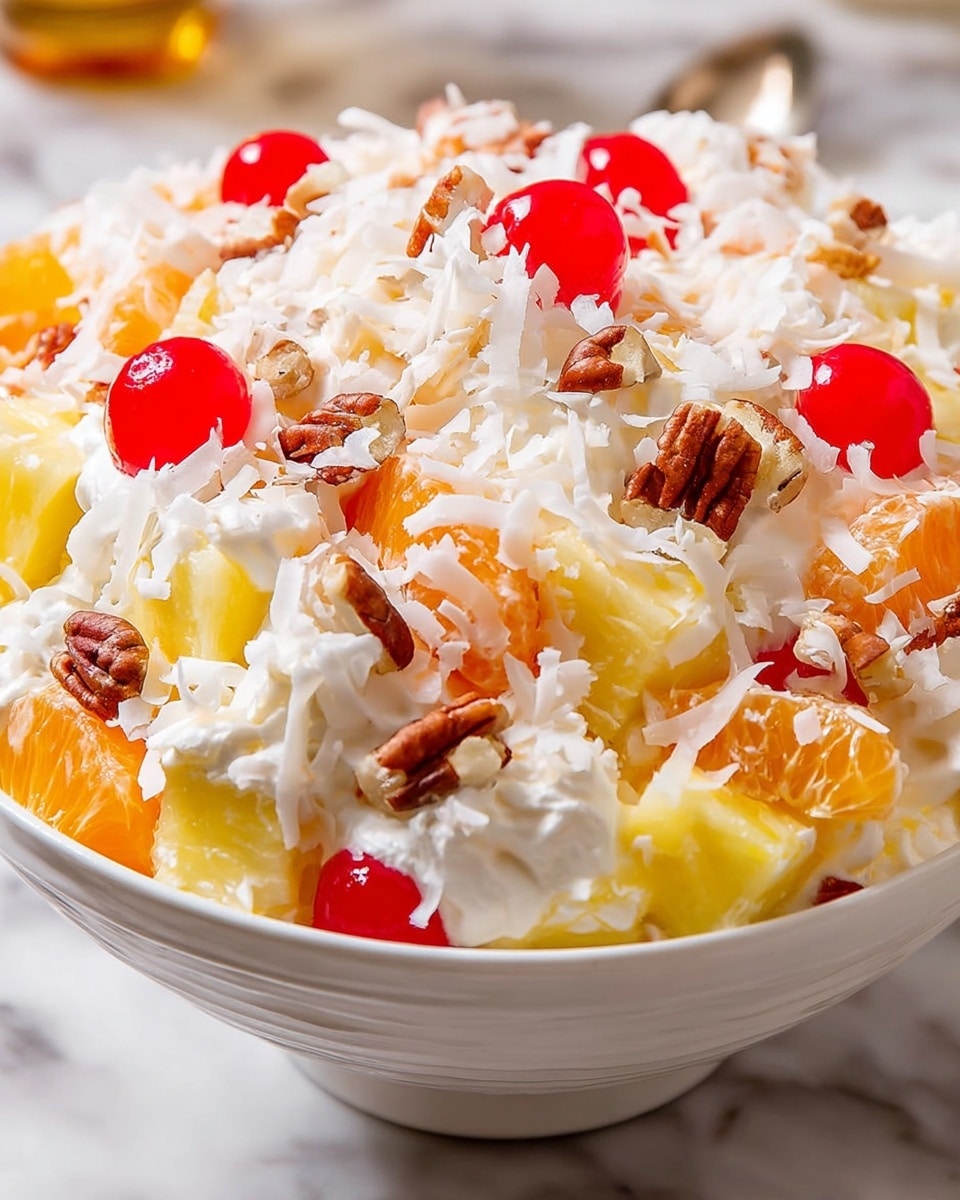 This image shows a white bowl filled with a layered fruit salad. The bottom layer consists of small pieces of light yellow pineapple and bright orange mandarin slices. The middle layer has white creamy whipped topping mixed with shaved white coconut flakes. Scattered throughout are halved red cherries and light brown pecan nuts, adding color and texture. The top layer is covered with more fluffy white whipped topping along with extra cherries, coconut flakes, and pecans, giving it a rich, creamy, and colorful look. The bowl is set on a white marbled surface. Photo taken with an iphone --ar 4:5 --v 7