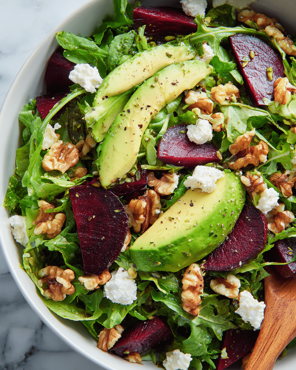 A close-up view of a fresh salad served in a white bowl shows a mix of layers starting with dark green arugula leaves as the base. On top, there are vibrant deep purple beet slices with a smooth texture, bright green avocado slices with a creamy look, and small chunks of light brown walnuts scattered throughout. Small white pieces of crumbly goat cheese dot the salad, and the ingredients appear lightly seasoned with black pepper. A wooden spoon is partially visible on the right side, resting on the salad. The bowl is placed on a white marbled surface. photo taken with an iphone --ar 4:5 --v 7