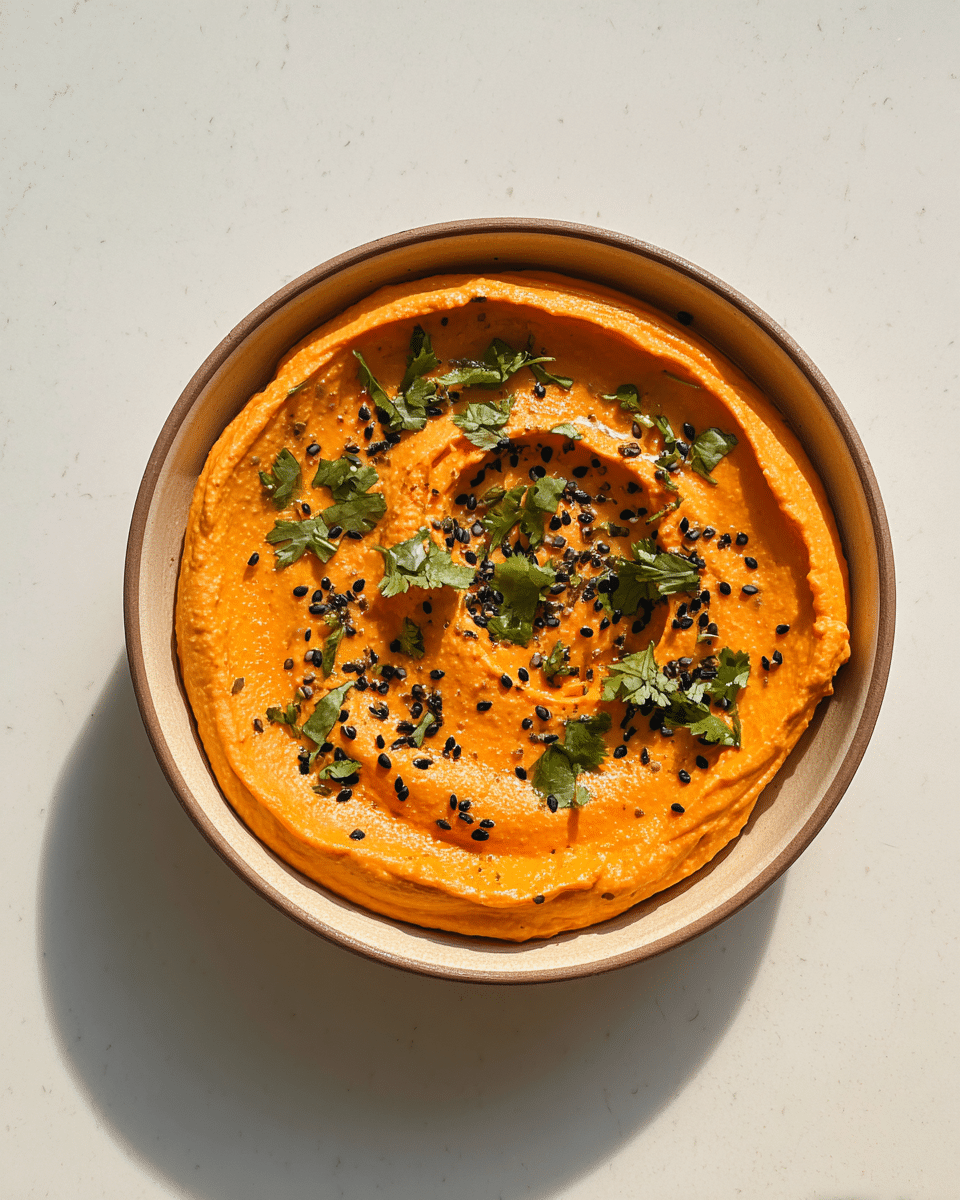 A shallow, round bowl with a beige rim holds a smooth, creamy layer of bright orange hummus spread evenly with gentle swirls on top. Scattered across the hummus are small black seeds and fresh green cilantro leaves, adding texture and color contrast. The bowl sits on a white marbled surface with soft shadows around it. photo taken with an iphone --ar 4:5 --v 7