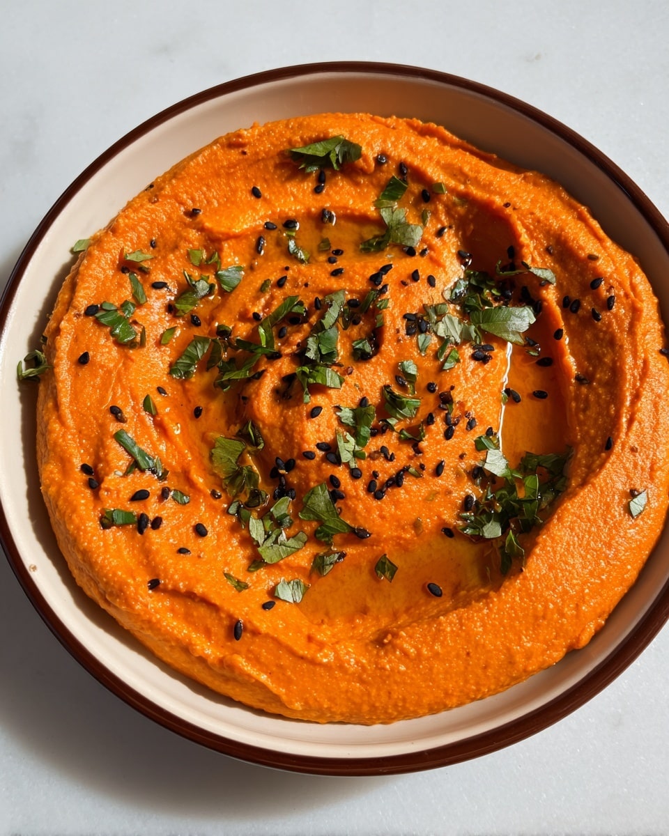 A smooth, thick orange spread covers the bottom of a shallow white bowl with a brown rim. The spread is swirled with visible texture and topped with small black seeds scattered evenly across the surface. Fresh, chopped green herbs are sprinkled on top, adding contrast to the bright orange base. There is a slight sheen of oil pooling gently among the swirls, enhancing the texture. The bowl sits on a white marbled surface. photo taken with an iphone --ar 4:5 --v 7