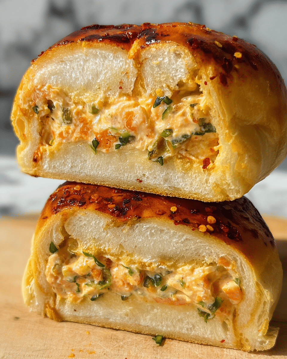 The image shows two thick, soft buns stacked, with the top bun cut in half to reveal the filling inside. The filling is creamy with visible chunks of orange and green ingredients, possibly vegetables and herbs, spread evenly within the light, fluffy bread. The buns have a golden-brown, slightly shiny crust with patches of herbs and red seasoning on the outside, adding a textured, flavorful look. The overall presentation is close-up and detailed, highlighting the contrast between the soft filling and the browned surface. The background is a white marbled texture. photo taken with an iphone --ar 4:5 --v 7