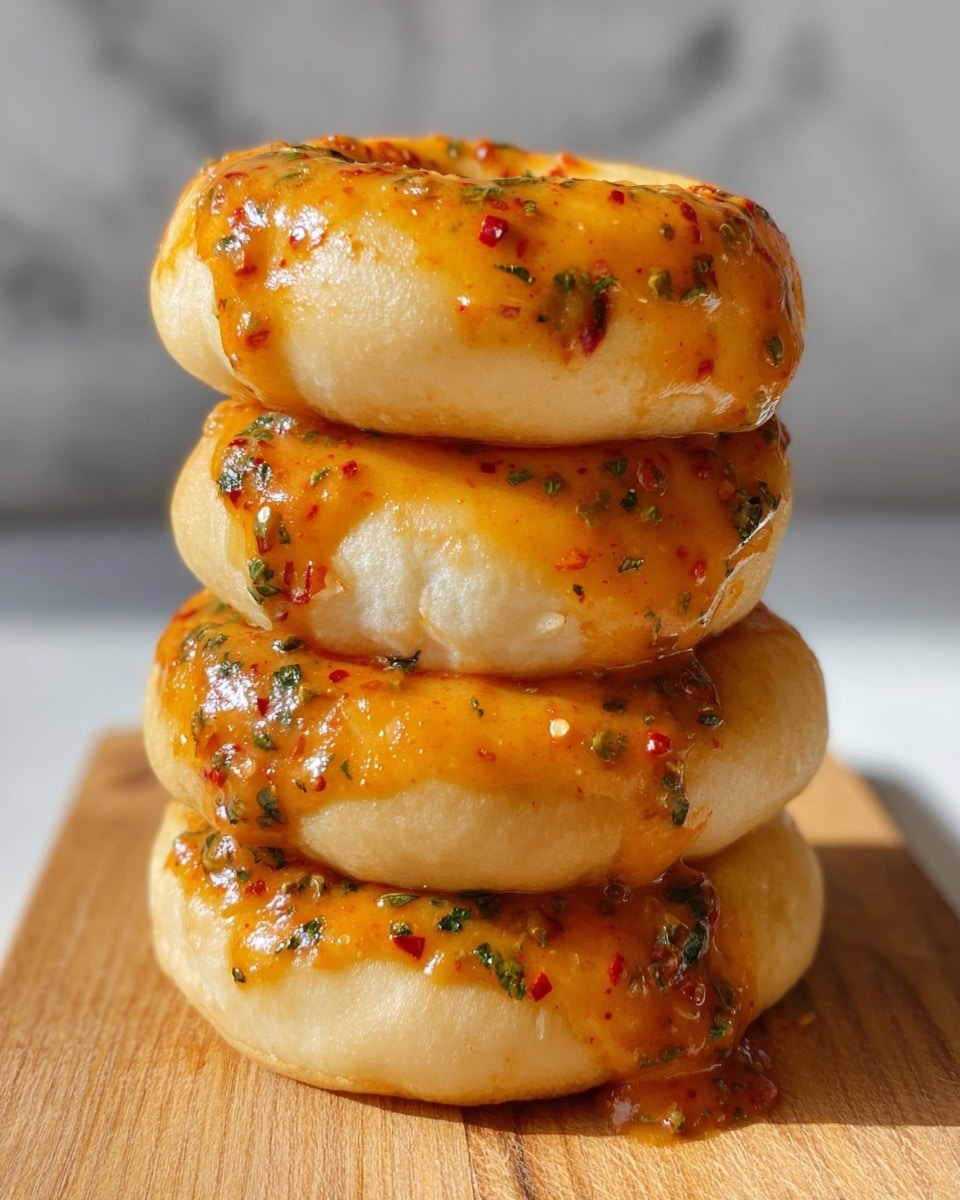 A stack of four round, soft, white doughnuts with a smooth texture is shown on a light brown wooden board against a white marbled background. The top two doughnuts are covered in a bright orange sauce speckled with red chili flakes and green herb bits, dripping down the sides onto the plain bottom two doughnuts, creating an appetizing, glossy effect. The orange sauce has a slightly thick texture with visible herbs like parsley, adding a fresh contrast to the warm colors. The lighting highlights the shine on the sauce and the soft texture of the doughnuts. photo taken with an iphone --ar 4:5 --v 7