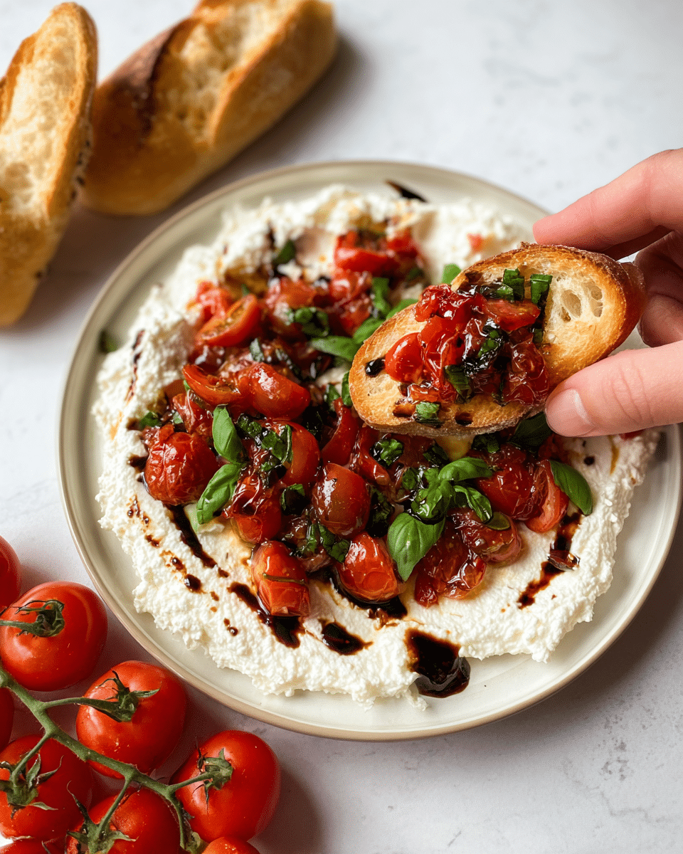 A beige round plate filled with a dish starting with a thick, creamy white layer of ricotta cheese spread evenly around the bottom and edges, topped with a fresh mix of chopped bright red tomatoes and thin green basil strips spread across the center. There are drizzles of dark brown balsamic glaze over the tomato and basil layer, adding contrast and shine. The plate is placed on a white marbled surface, surrounded by a fresh cluster of bright red cherry tomatoes on the vine at the top left, a long crusty baguette at the top right, and two slices of toasted bread at the bottom right. Photo taken with an iphone --ar 4:5 --v 7