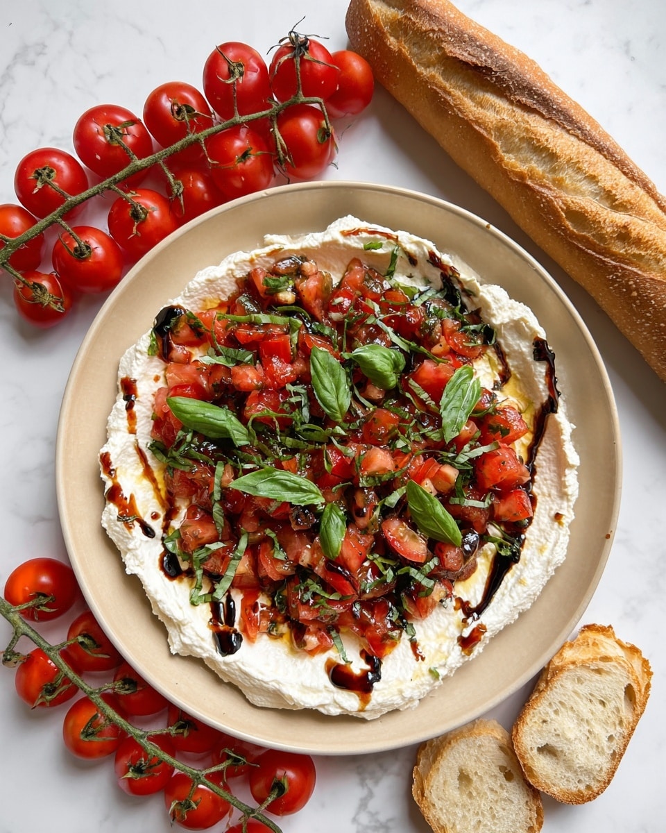A close-up shot of a white plate with a spread of creamy white ricotta cheese forming the base layer evenly around the plate. On top, there is a colorful layer of diced red cherry tomatoes mixed with chopped green basil leaves, drizzled with dark brown balsamic glaze adding shiny highlights. A woman’s hand is holding a small toasted baguette slice topped with this tomato and basil mixture, hovering over the plate. To the left are two pieces of baguette bread resting on the white marbled surface, and at the bottom left corner, a bright red cluster of fresh cherry tomatoes on the vine adds vibrant color contrast. Photo taken with an iphone --ar 4:5 --v 7