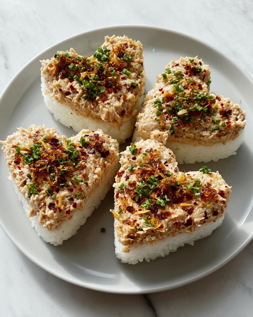 Four heart-shaped pieces of sticky white rice are arranged on a white plate. Each piece has a thick top layer of creamy, light brown tuna mixture with visible small tuna chunks. The top is sprinkled with finely chopped green herbs, small bits of golden fried garlic, and a dusting of red chili flakes. The plate rests on a white marbled surface. photo taken with an iphone --ar 4:5 --v 7