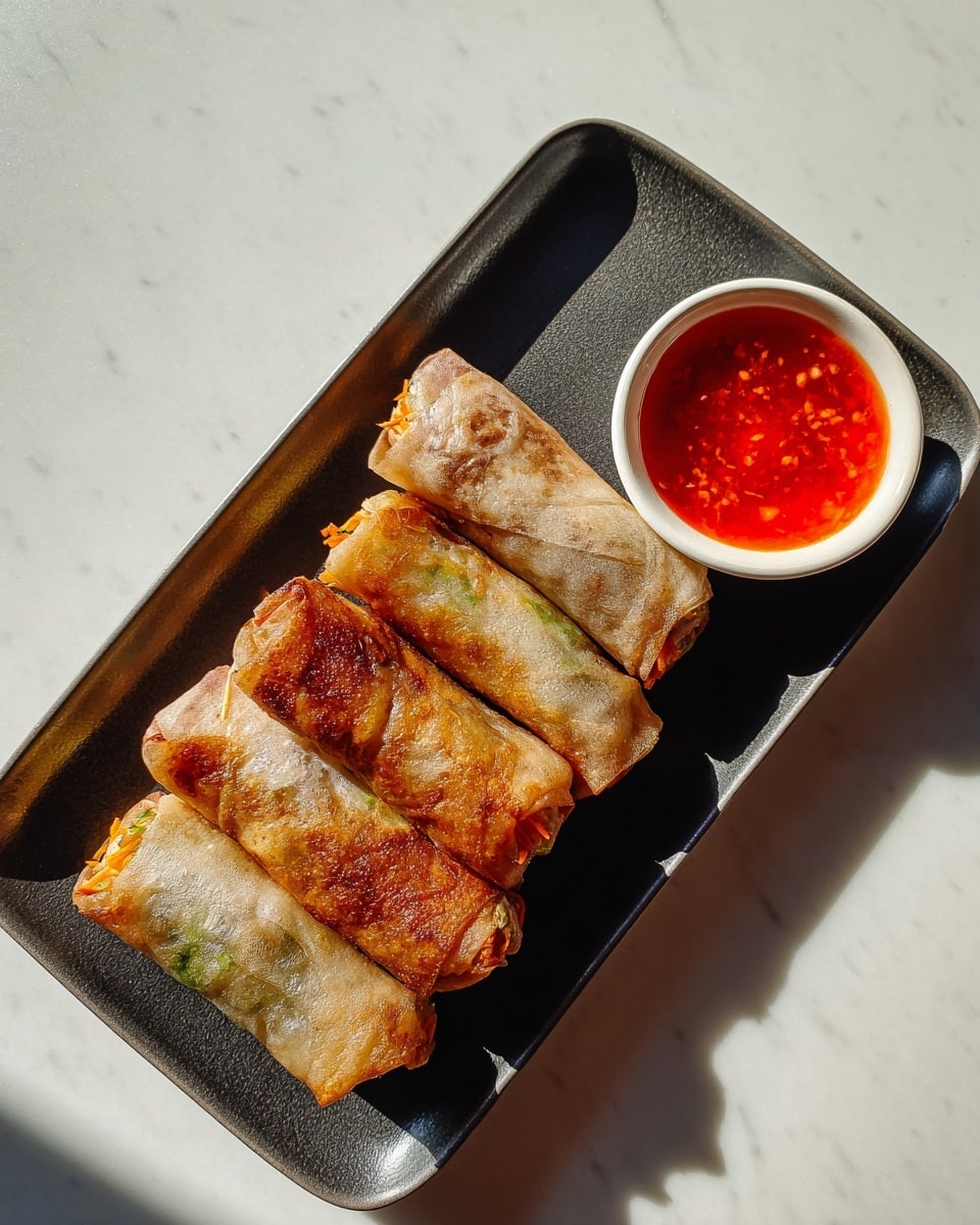 Four golden-brown spring rolls with a slightly crispy and translucent wrapper showing bits of orange and green vegetables inside, are placed in a neat row on a rectangular dark tray. Next to the spring rolls on the same tray is a small white bowl filled with bright red sweet chili sauce that looks glossy and textured. The tray is set on a white marbled surface, and warm sunlight highlights the textures and colors of the food, creating soft shadows. Photo taken with an iphone --ar 4:5 --v 7