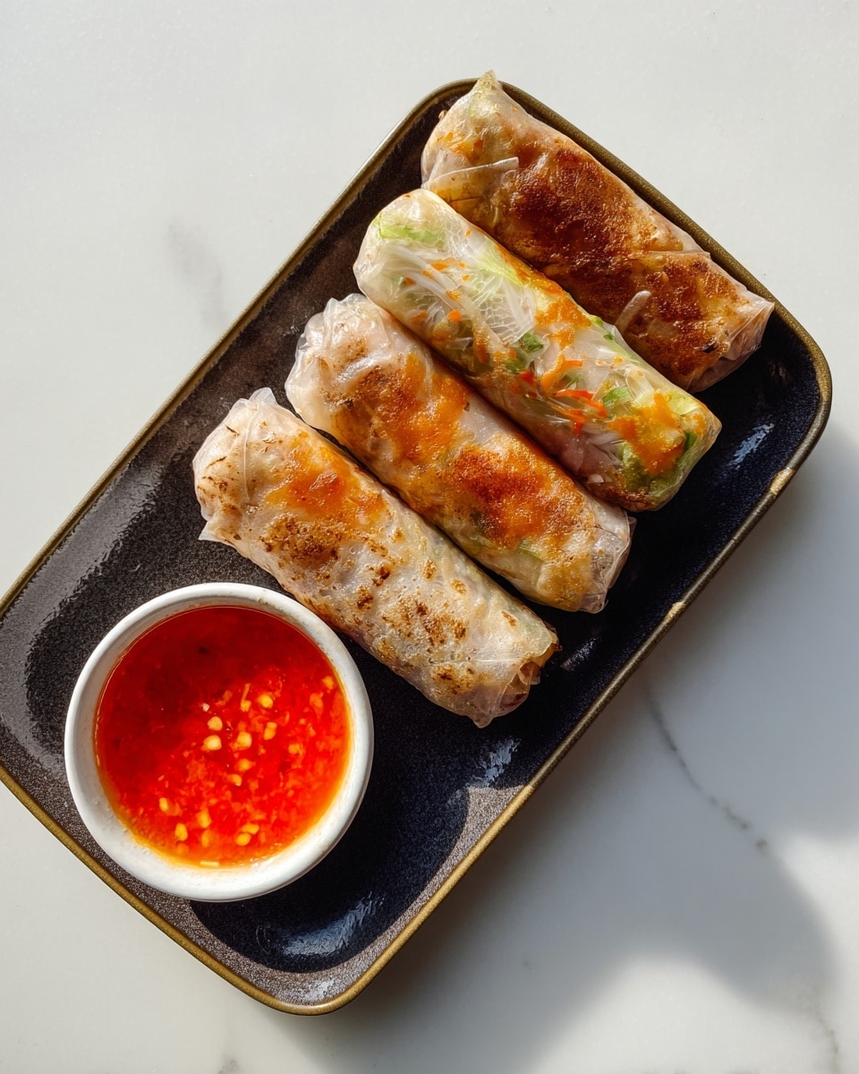 Four spring rolls are neatly placed side by side on a rectangular dark tray. Each spring roll has a translucent, slightly browned wrapper showing a mix of orange, green, and light brown fillings inside, with a texture that looks both soft and crispy on the outside. On the lower left corner of the tray, there is a small white bowl filled with bright red-orange dipping sauce that has visible small bits and a glossy surface. The tray sits on a white marbled surface, and soft natural light casts gentle shadows enhancing the textures and colors. photo taken with an iphone --ar 4:5 --v 7