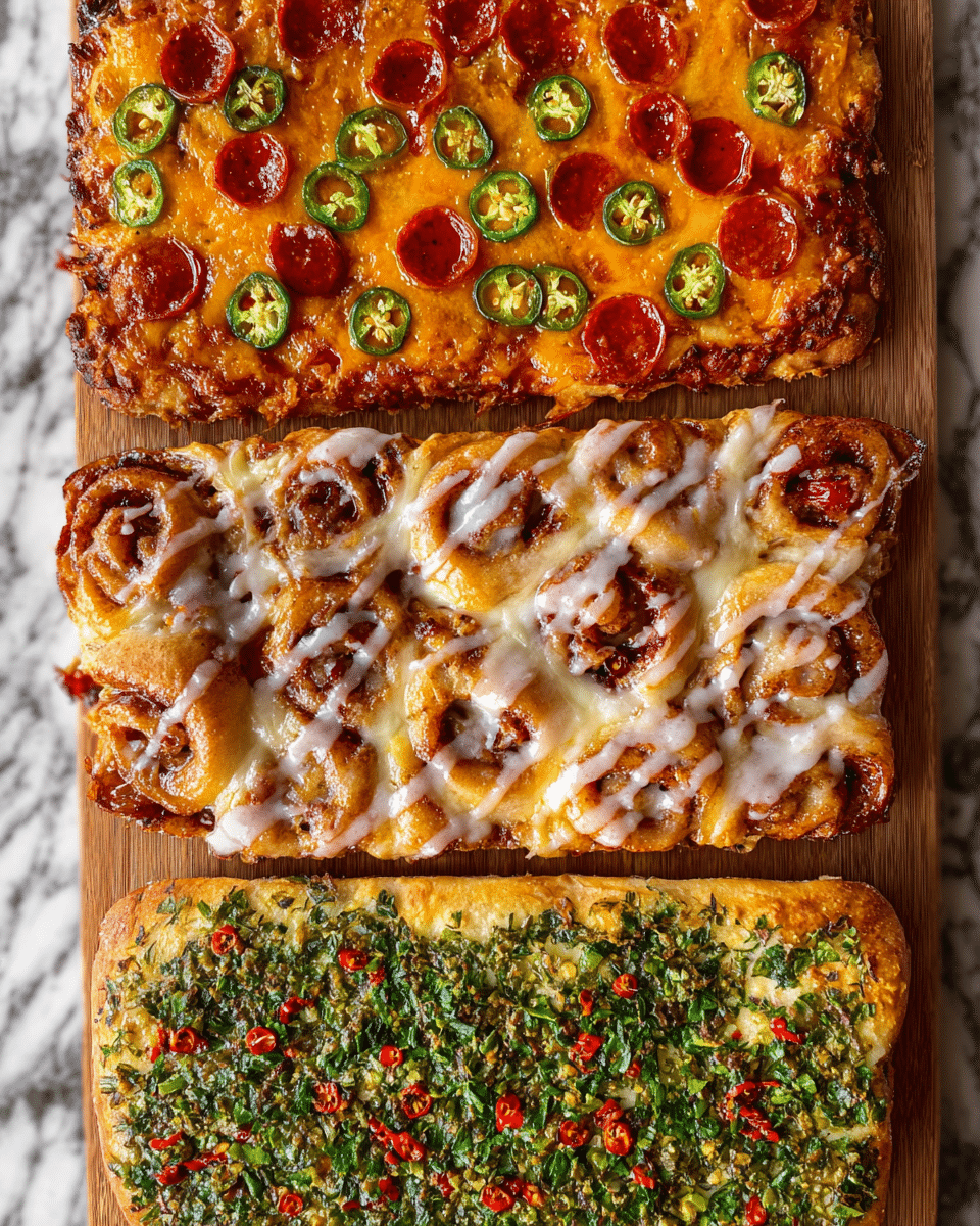 The image shows three distinct flatbreads stacked vertically on a wooden board with a white marbled background. The top flatbread has a crispy, browned crust topped with melted orange-yellow cheese, bright red pepperoni slices, and green jalapeño rings scattered evenly across the surface. The middle flatbread is covered with a thick white glaze drizzled over golden brown, soft cinnamon rolls, with hints of red fruit jam visible beneath the glaze. The bottom flatbread has a golden brown crust topped with a dense layer of finely chopped green herbs, including parsley and small red chili pieces, spread evenly across the surface, giving it a fresh and spicy look. photo taken with an iphone --ar 4:5 --v 7