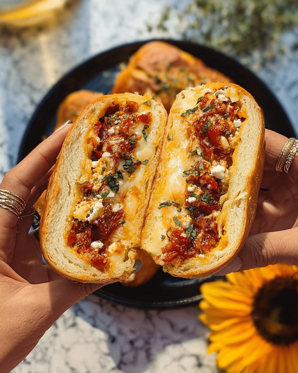 A close-up of two halves of a stuffed bread held by a woman's hands with rings, showing three visible layers inside: a golden-brown outer crust with a soft texture, a middle layer of melted pale yellow cheese, and a top layer filled with reddish-brown cooked tomato pieces mixed with green herbs and crumbled white cheese. The background includes a black plate with more stuffed bread pieces on a white marbled surface, and a bright yellow sunflower is partially visible at the bottom right corner. Photo taken with an iphone --ar 4:5 --v 7