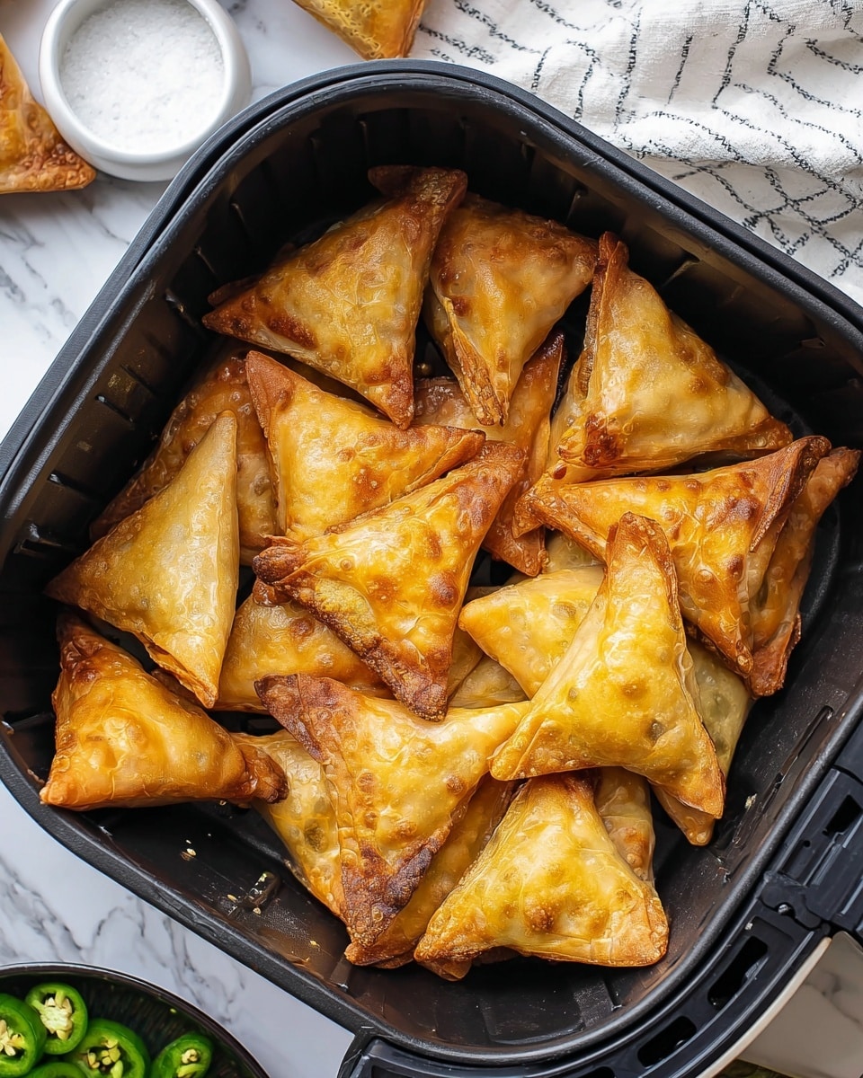 A basket filled with about twenty golden-brown, crispy triangular samosas with lightly bubbled, flaky surfaces and slightly darker edges, all stacked on each other inside a black air fryer basket. The background shows a white marbled surface with a hint of a white and gray striped cloth and a small white bowl filled with salt nearby, as well as some green sliced jalapeños on a dark plate. Photo taken with an iphone --ar 4:5 --v 7