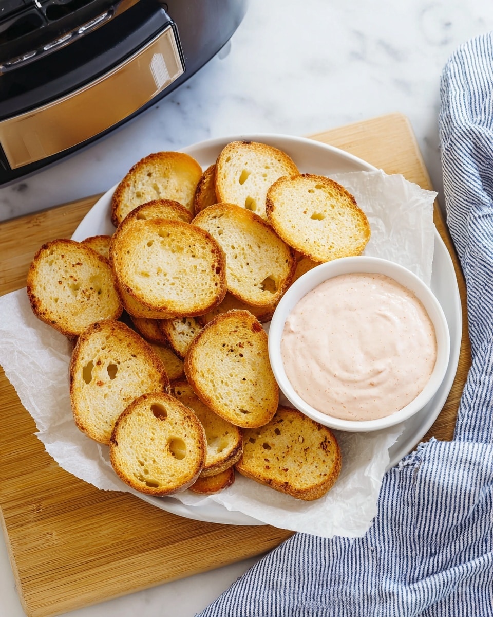A white plate lined with white parchment paper holds a pile of round, golden brown toasted bread slices with a crispy texture and small holes in each piece. On the right side of the plate sits a small white bowl filled with light pink creamy dip that has a smooth surface. The plate is placed on a light wooden cutting board, which rests on a white marbled surface. A striped blue and white cloth is partly visible on the right side of the scene, adding a casual touch. In the upper left corner, a black appliance with a clear latch is partially seen. photo taken with an iphone --ar 4:5 --v 7