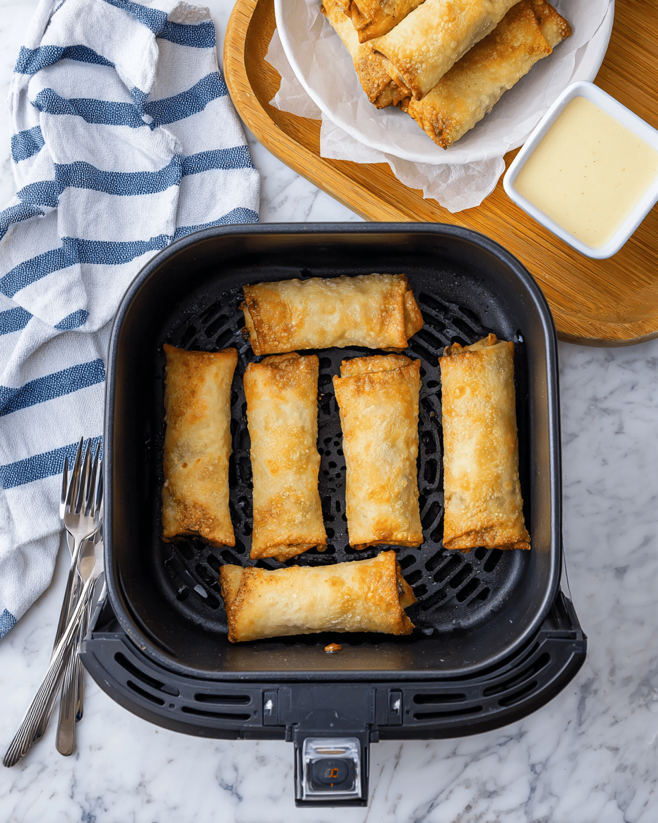 The image shows nine golden brown, crispy rolled taquitos arranged in two layers inside a black air fryer basket; the taquitos have a slightly bubbled, crunchy texture with some small green cilantro leaves scattered on top and around them. To the top right, there is a white plate holding a white bowl filled with a whole lime and lime slices. Around the air fryer basket at bottom left are small white bowls containing red sauce, creamy yellow sauce, and green guacamole, placed on a light tan cloth and a white marbled surface. Fresh cilantro leaves rest neatly in the top left corner on the same white marbled surface. The taquitos are the main focus and look crunchy and lightly toasted. photo taken with an iphone --ar 4:5 --v 7