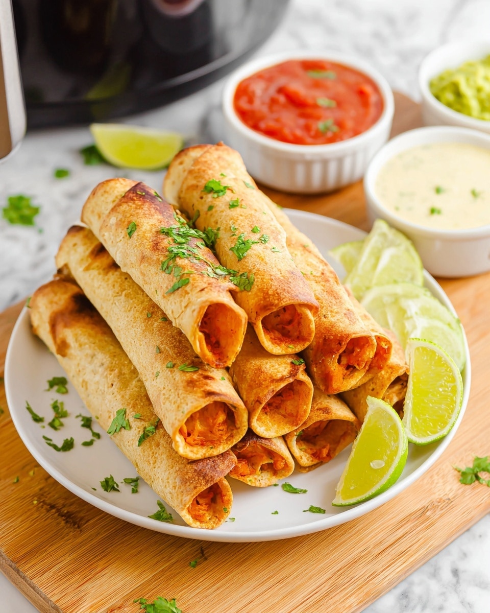 A white plate holds two layers of rolled baked taquitos stacked neatly, each taquito showing a golden, slightly crispy corn tortilla wrapped around a reddish-orange filling, garnished lightly with chopped green cilantro. On the right side of the plate are thin lime slices resting against the taquitos. The plate sits on a wooden board with three small white bowls behind it containing red salsa, light-colored creamy sauce, and green guacamole. The background shows part of a black container, all on a white marbled surface. photo taken with an iphone --ar 4:5 --v 7