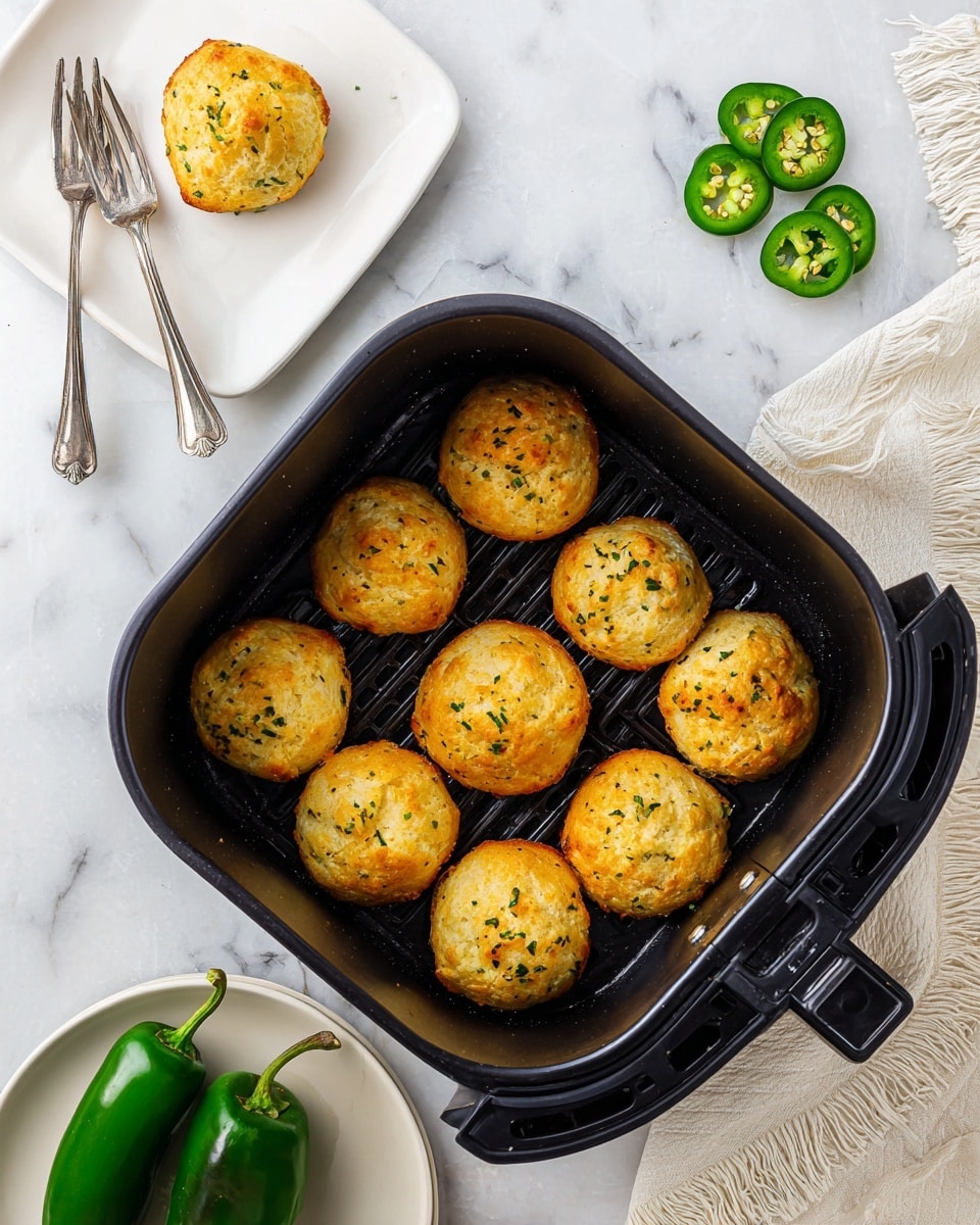 This image shows nine golden brown round biscuits with a slightly uneven top, sprinkled with green herbs, arranged neatly in a black air fryer basket. Above the air fryer basket, on a small white square plate, are two more biscuits alongside two silver forks. Below the air fryer, on a white plate, are sliced green jalapeños and whole green peppers. The whole setting is on a white marbled surface with a white fringed cloth partially visible on the right side. Photo taken with an iphone --ar 4:5 --v 7