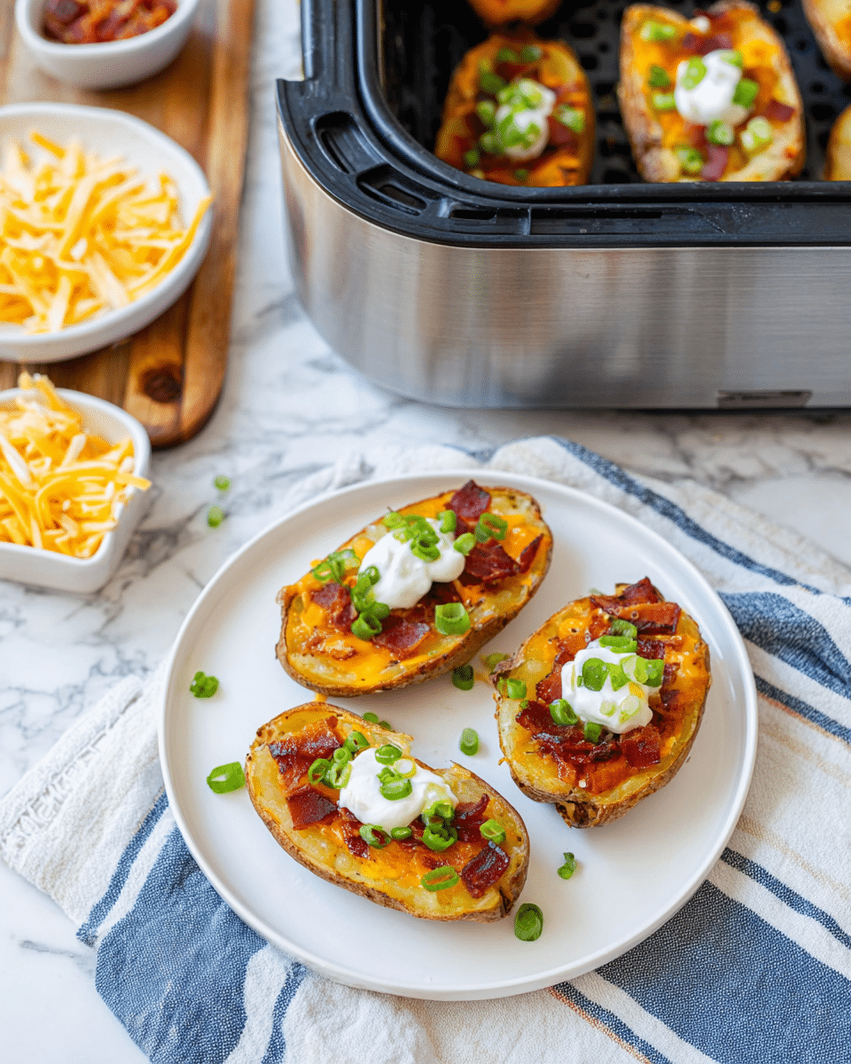 The image shows seven potato skins neatly placed inside a black air fryer basket. Each potato skin has three visible layers: the outer golden-brown crispy potato shell, a thin layer of melted yellow-orange cheese, and a topping made of small reddish-brown bacon pieces scattered evenly across the center. Bright green chopped scallions are sprinkled over the bacon, adding a fresh pop of color. Around the air fryer, there are small bowls containing extra shredded yellow cheese and bacon bits, with a white plate and silverware nearby on a white marbled surface. photo taken with an iphone --ar 4:5 --v 7