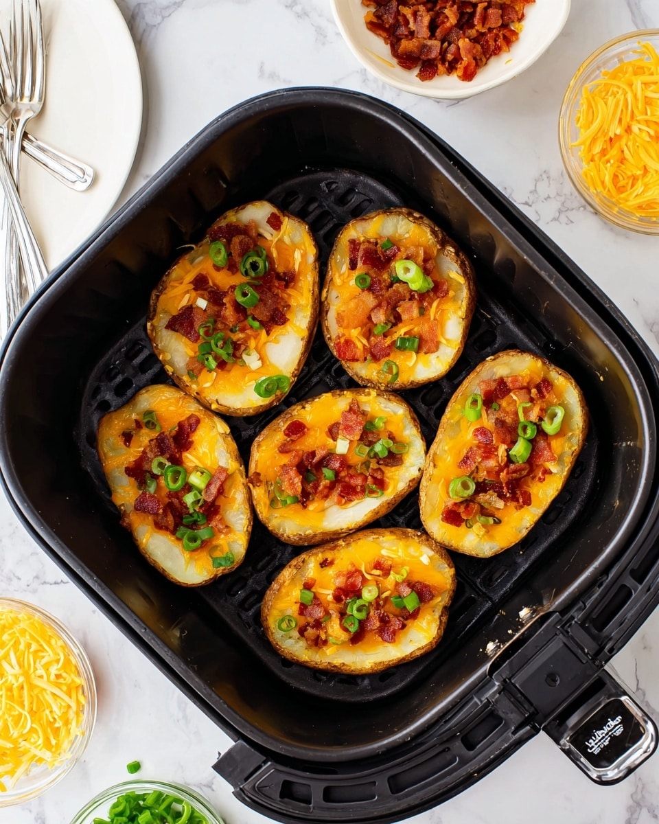 The image shows three potato skins on a white plate, each with three layers: a golden brown crispy potato skin at the bottom, a middle layer of melted orange-yellow cheese and crispy bacon pieces, and a top layer of white sour cream dollop with bright green chopped scallions sprinkled on it. The plate sits on a white marbled surface with a wooden cutting board and a blue and white striped cloth underneath. In the background, an air fryer basket holds more potato skins with similar toppings, and small bowls of shredded cheese, sour cream, and bacon bits are placed nearby. Photo taken with an iphone --ar 4:5 --v 7