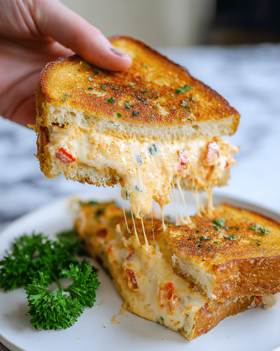 A grilled cheese sandwich is held by a woman's hand, with the top slice of toasted bread lifted to show three layers of gooey melted cheese mixed with small pieces of red peppers and herbs. The bread is golden brown with a slightly crispy texture and some green herb bits on top. The middle cheesy layer is creamy white to light orange with stretchy cheese strands connecting the lifted slice to the bottom piece. Underneath the sandwich is a white plate with another half sandwich and a small bunch of green parsley on the side, all set on a white marbled surface. Photo taken with an iphone --ar 4:5 --v 7