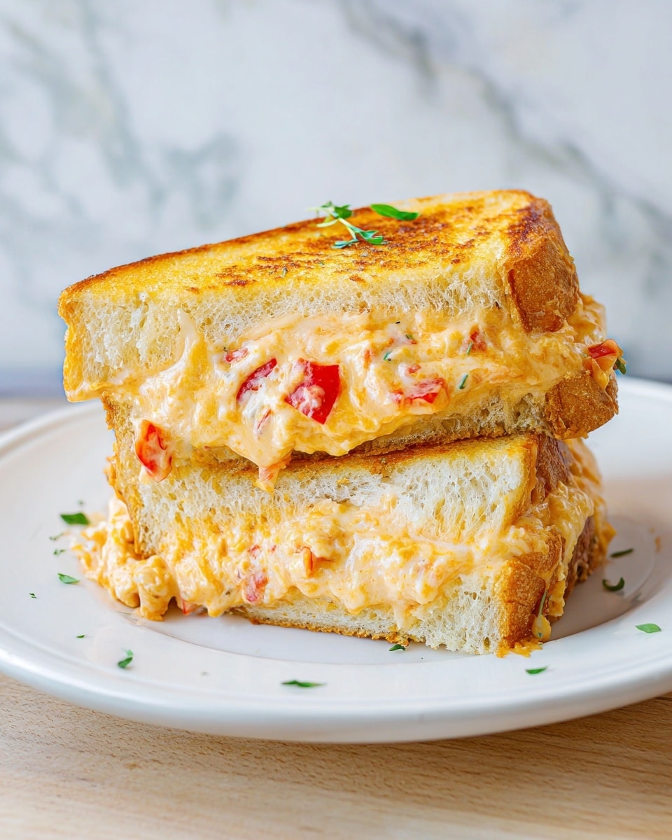A grilled sandwich cut into two triangular halves, stacked on top of each other on a white plate. The sandwich has two layers of golden-brown toasted bread with a crispy texture. Between the bread layers, there is a thick layer of melted cheese mixed with small red pepper pieces, creating a creamy, stringy filling that oozes out slightly at the edges. The sandwich is garnished with a few small green herbs on the top bread layer, and the plate sits on a light wooden surface with a white marbled texture background. photo taken with an iphone --ar 4:5 --v 7